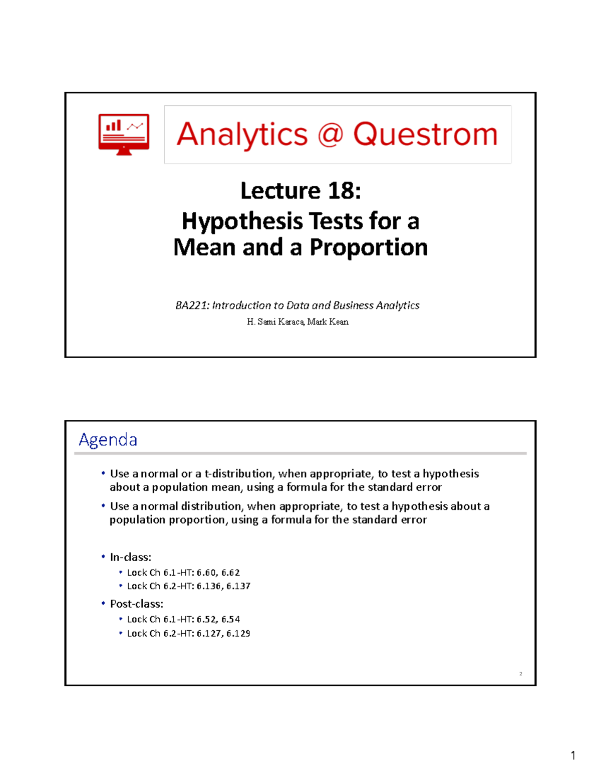 BA221 Lecture 18: Hypothesis Tests for Mean & Proportion - Studocu