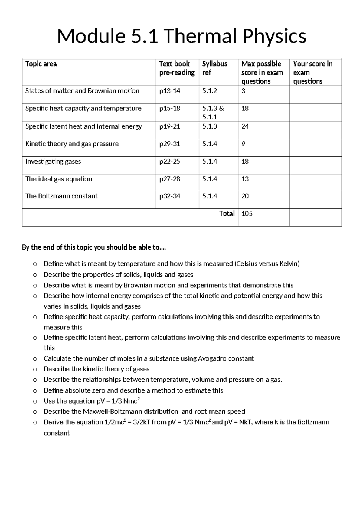 Thermal Physics topic booklet - Module 5 Thermal Physics Topic area ...