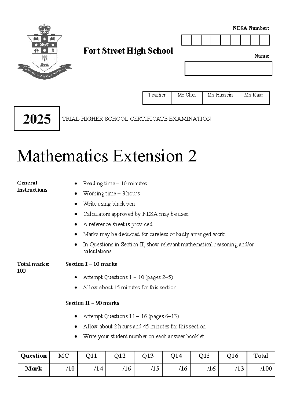 2025 Fort Street High School - Mathematics Extension 2 Trial Exam ...