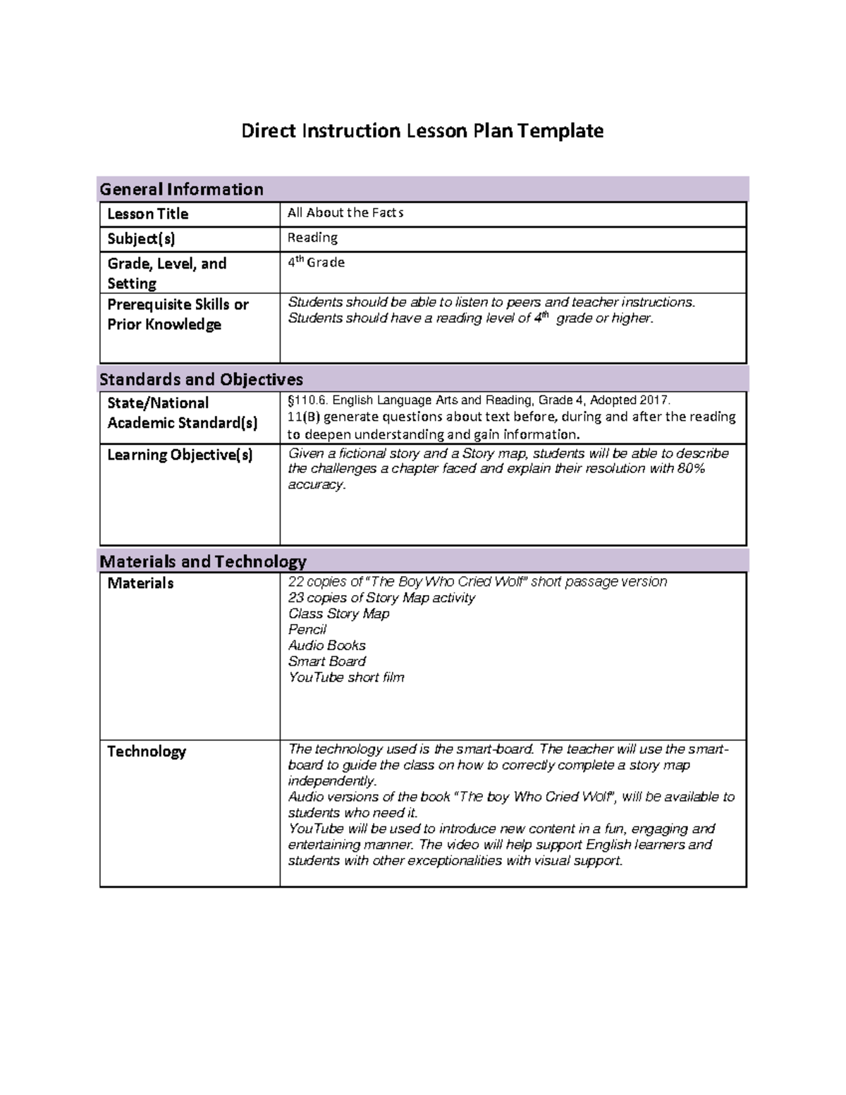 C909 Lesson PLAN - C909 task 1 - Direct Instruction Lesson Plan ...