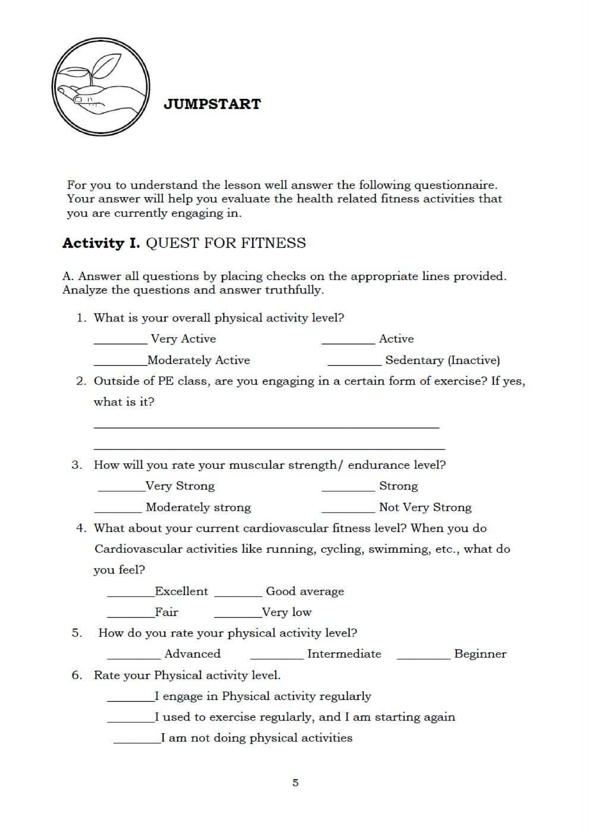 Lesson on Health-Related Fitness: Questionnaire & Evaluation (PE ...