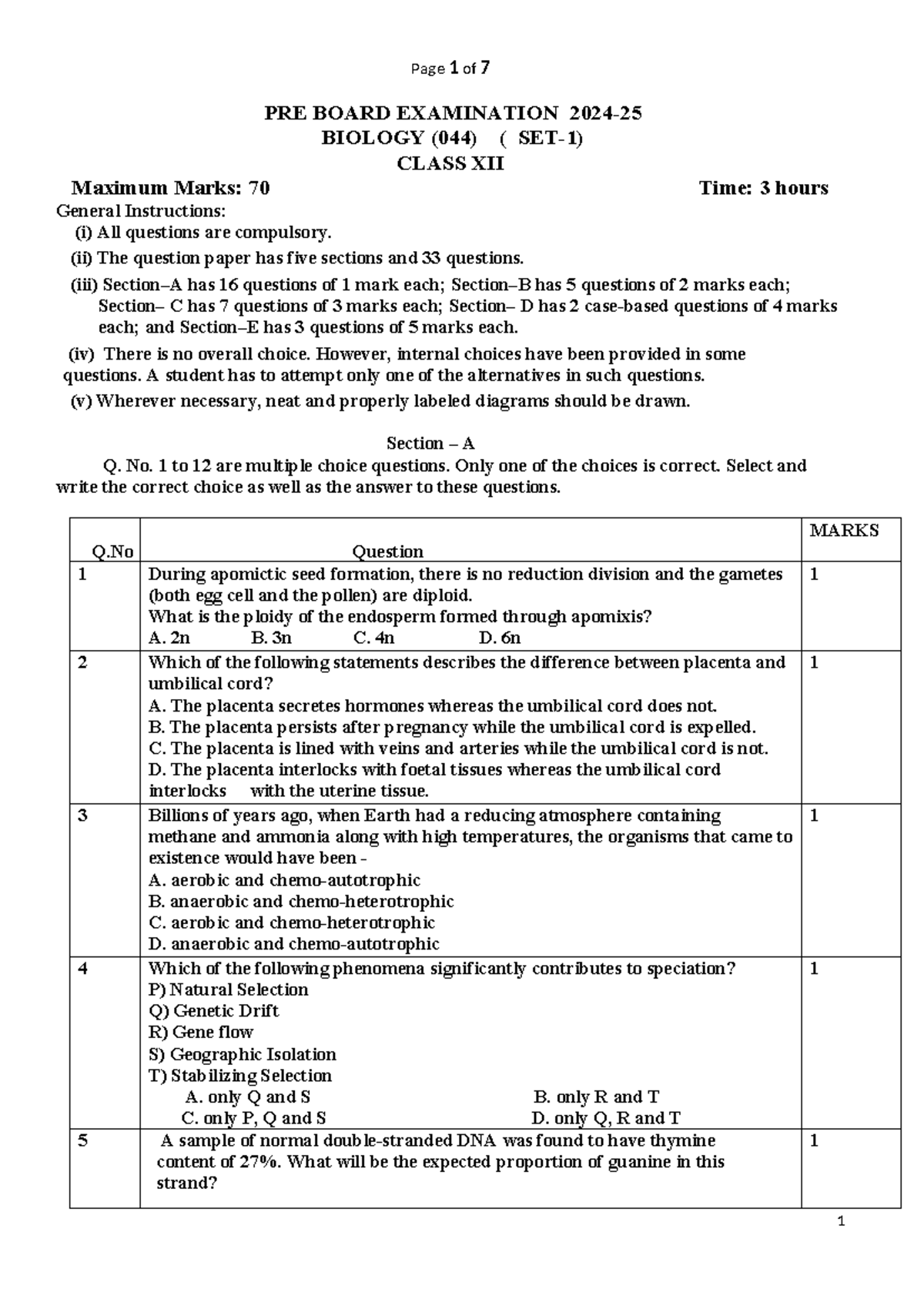 BIOLOGY PRE BOARD EXAMINATION QP SET-1 (044) CLASS XII 2024-25 - Studocu