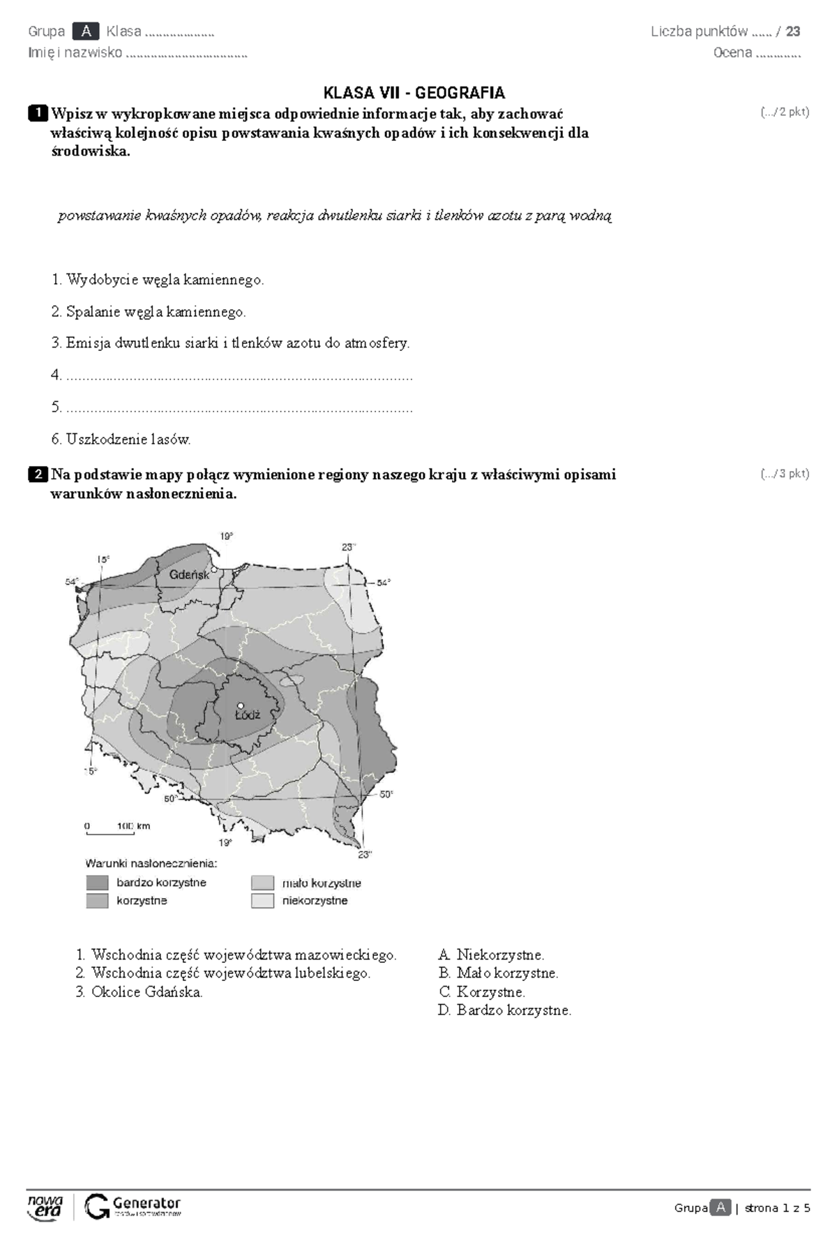 Test - Geografia kl. 7 - Materiał do Ćwiczeń i Analiz - Studocu