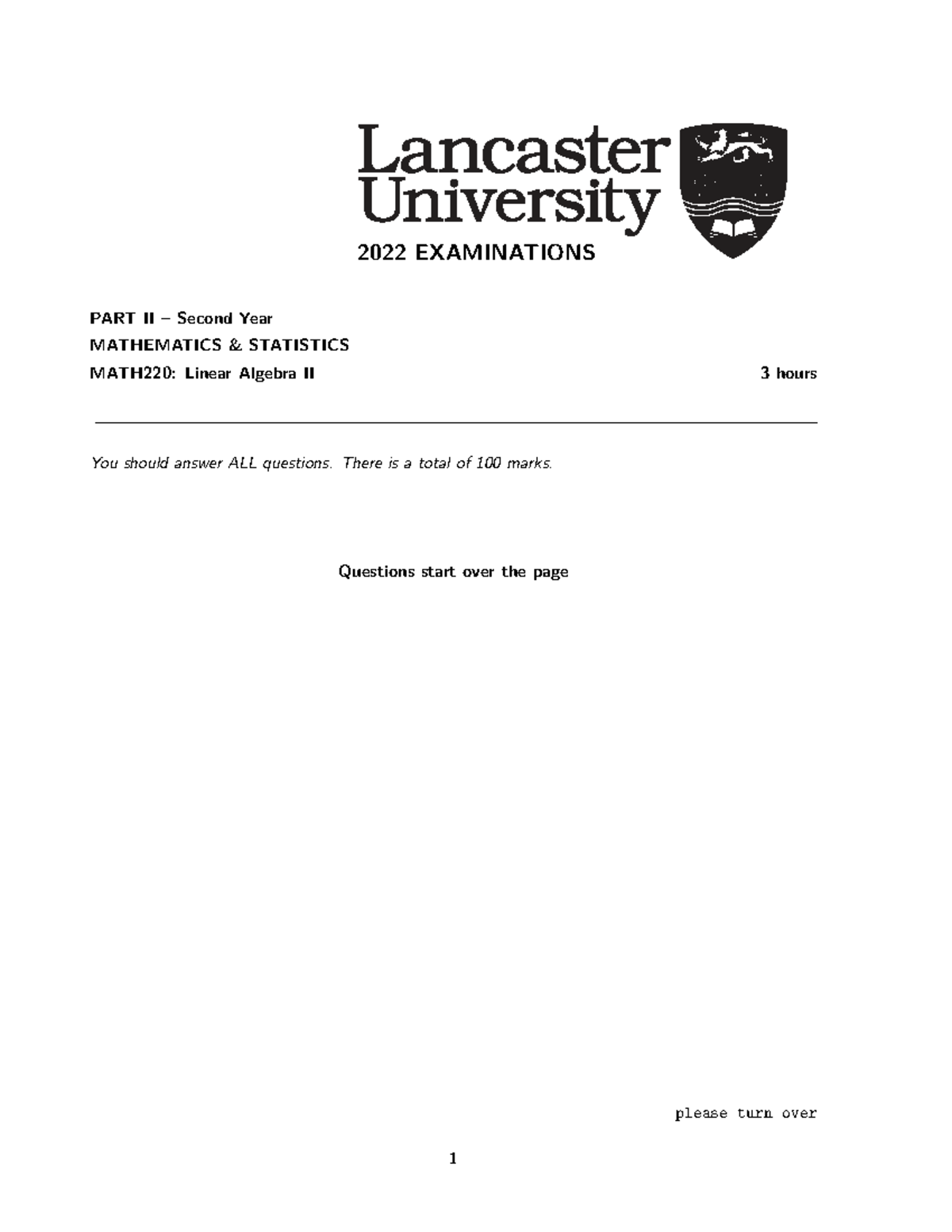 MATH220: 2022 Final Exam - Linear Algebra II Questions - Studocu