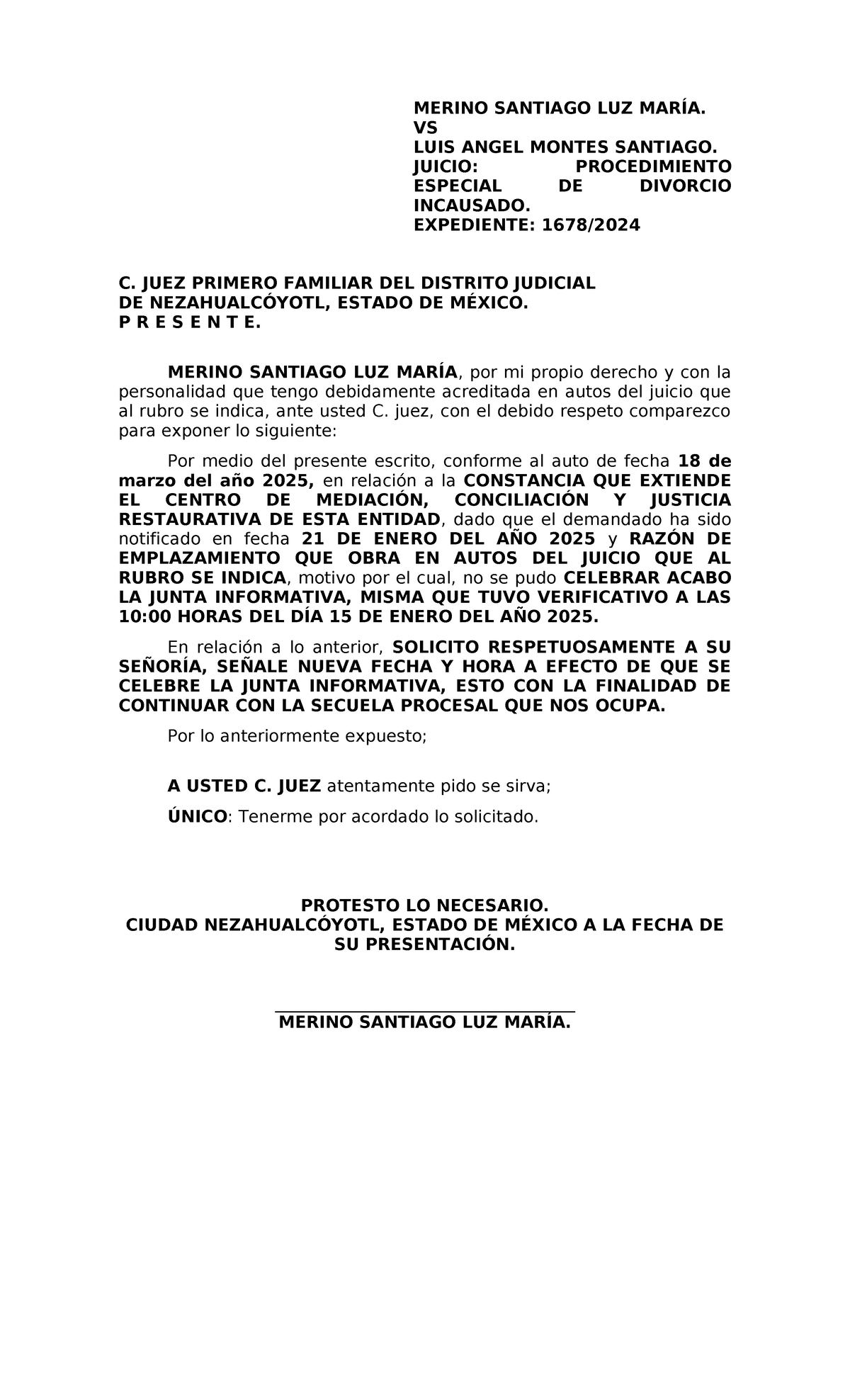 Solicitud de Junta Informativa - Juicio de Divorcio Incausado 1678/2024 ...