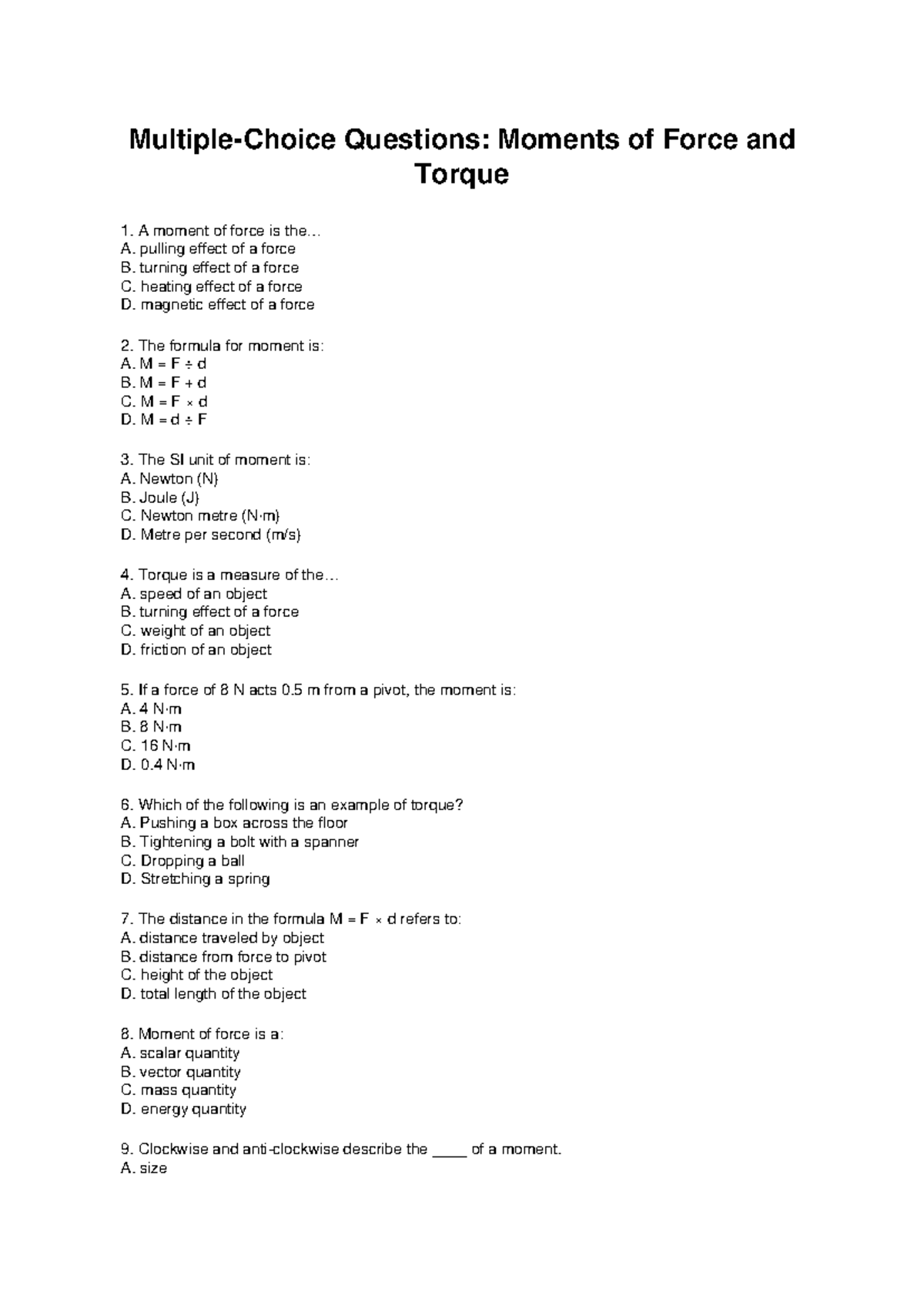 Multiple Choice Questions on Moments & Torque - Studocu