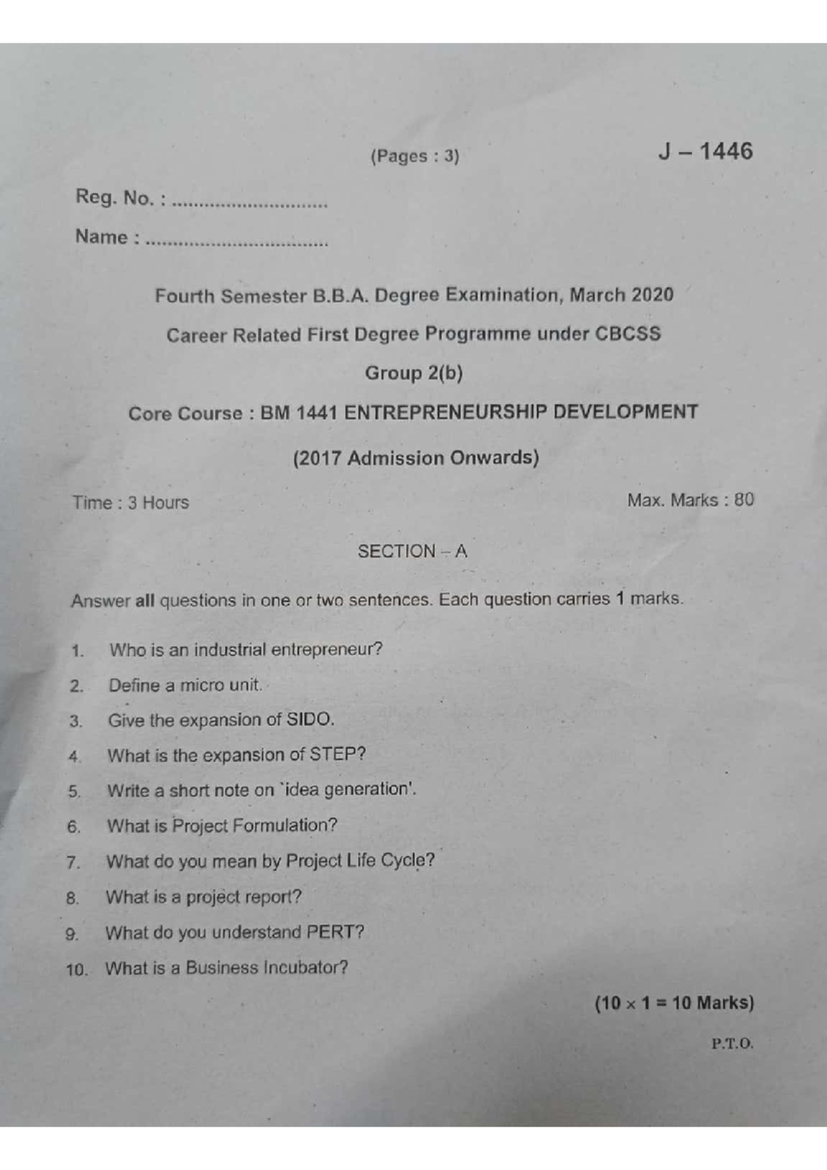 BM 1441 Entrepreneurship Development: EDP Question Papers for Exam ...