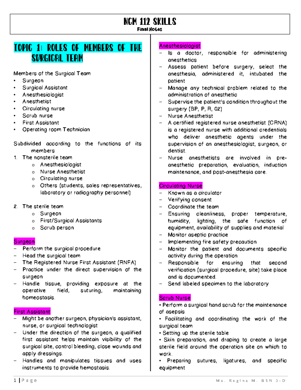NCM 112 Skills - Final Notes on Surgical Team Roles and Aseptic ...