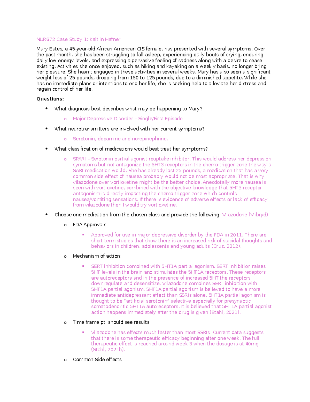 NUR672 Case Study 1: Assessment and Treatment of Major Depression - Studocu