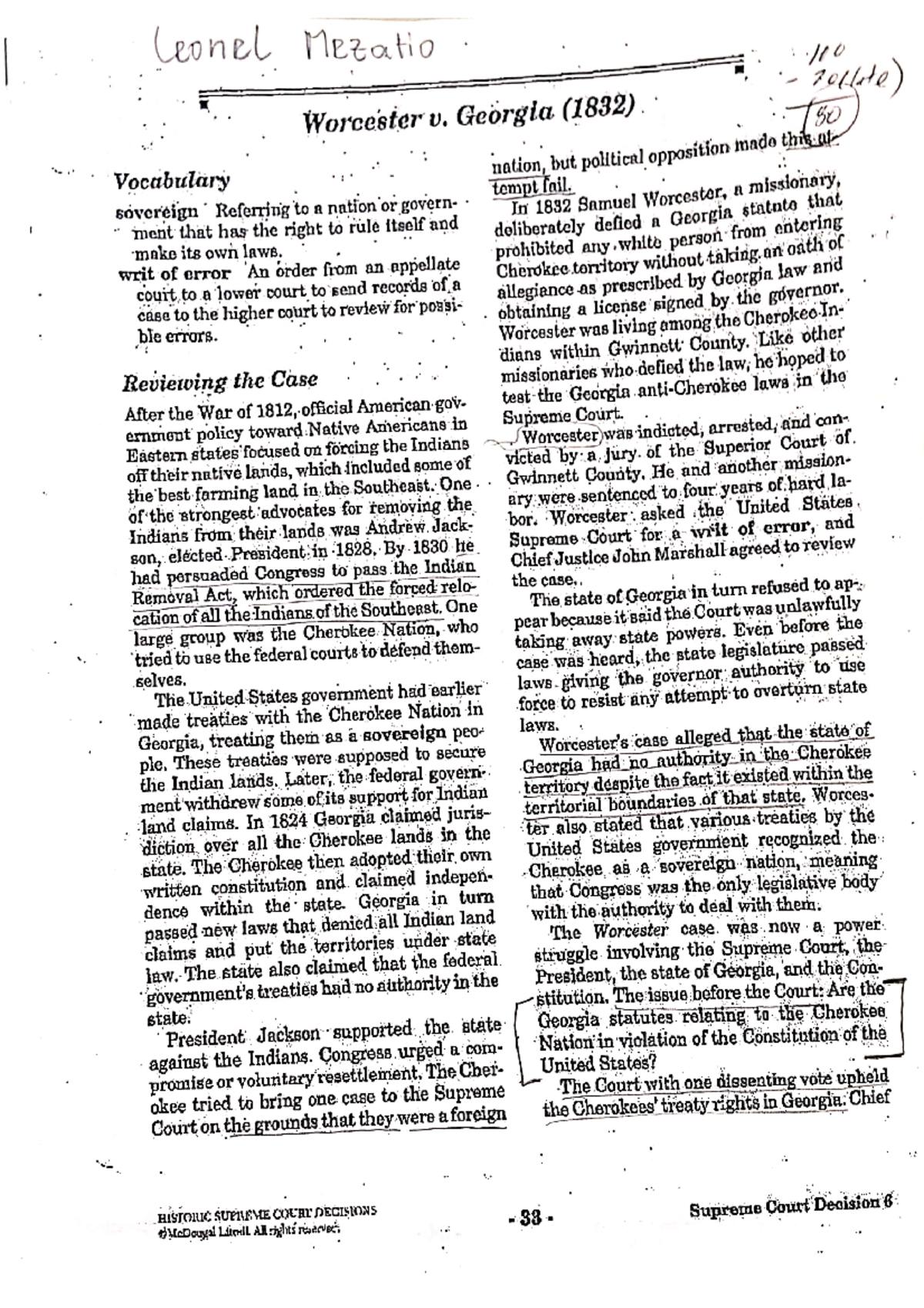 Worcester v. Georgia (1832): Analyzing the Supreme Court Ruling - Studocu