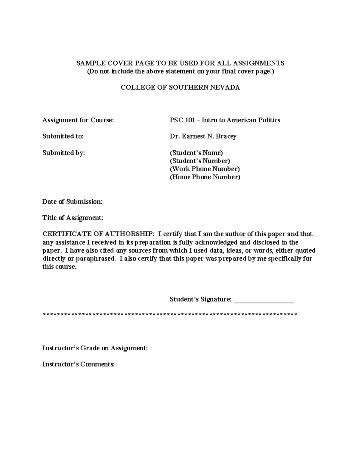 Cover sheet - notes - SAMPLE COVER PAGE TO BE USED FOR ALL ASSIGNMENTS ...