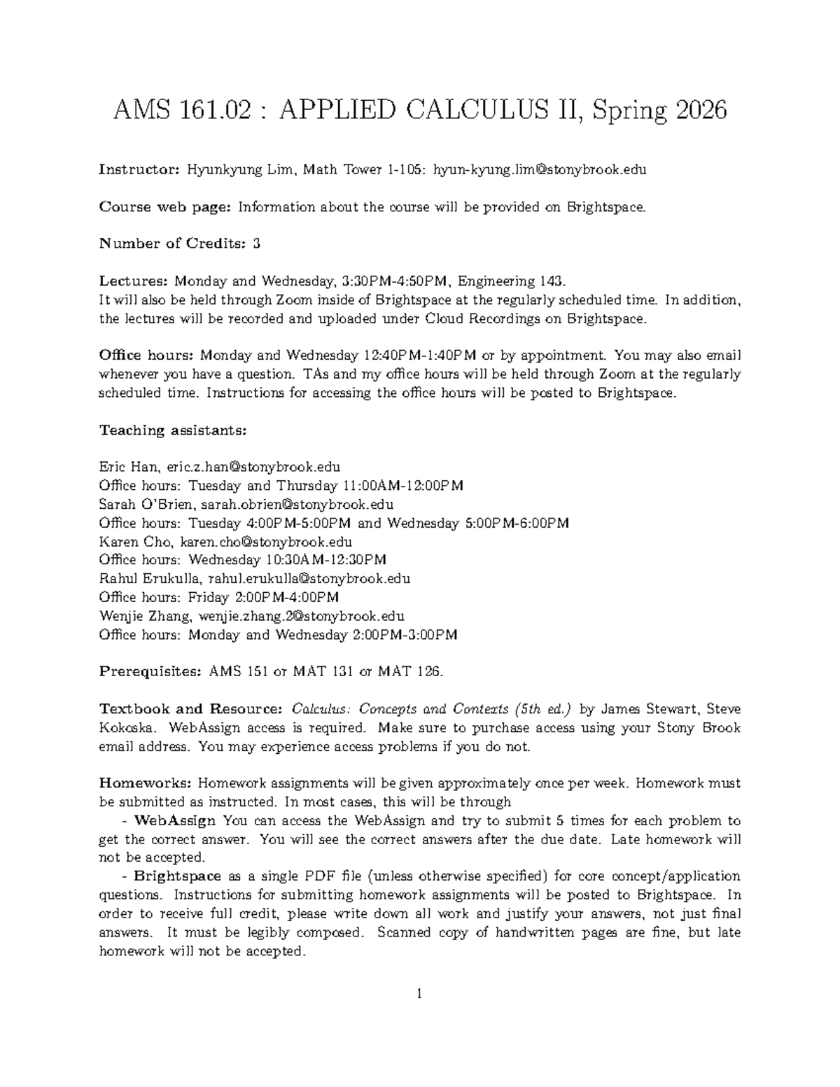 AMS 161.02 - Applied Calculus II Syllabus, Spring 2026 - Studocu