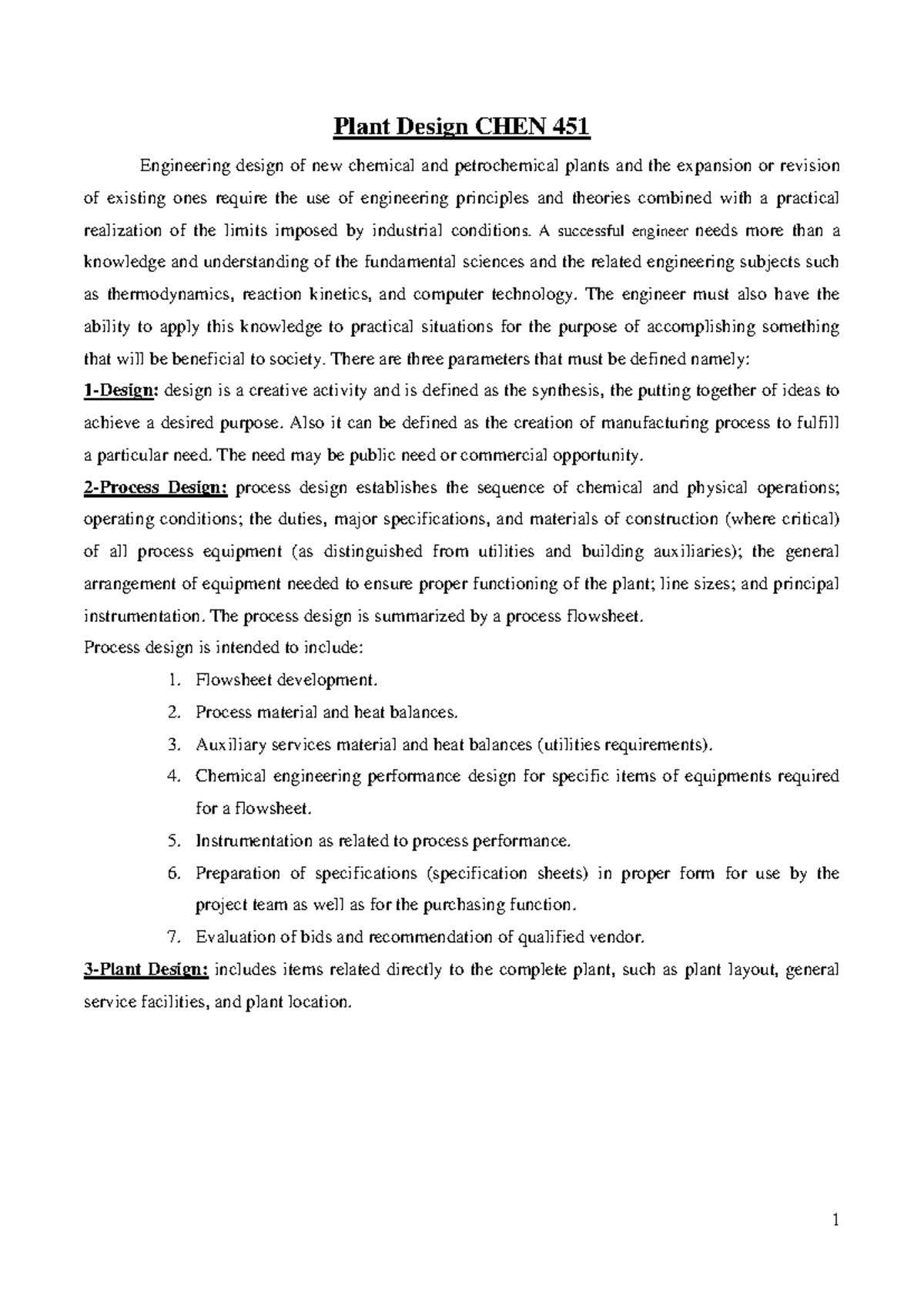 Plant Design Principles and Process Overview - CHEN 451 - Studocu