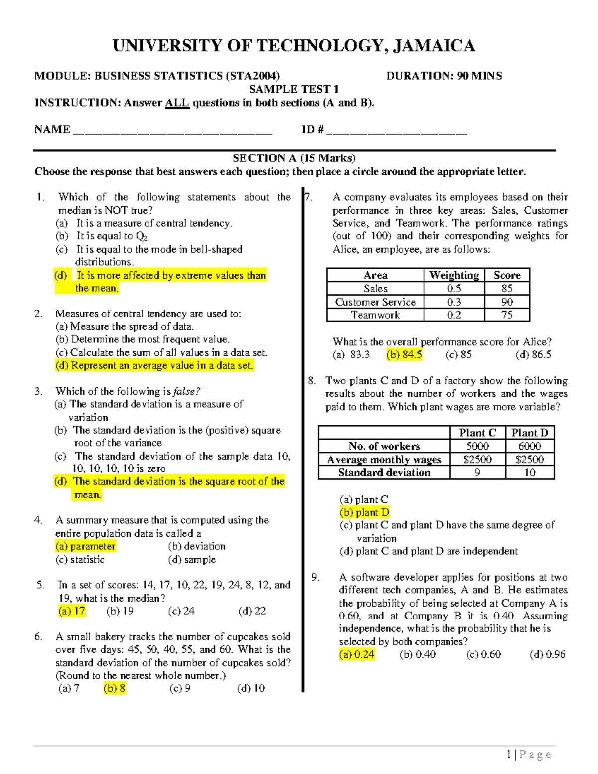 Solution STA2004 Sample Test 1 - Business Statistics 2025 - Studocu