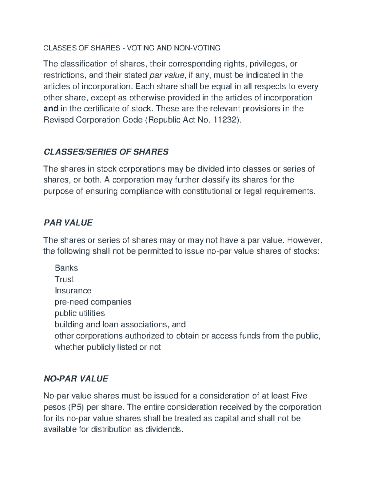 Classes of Shares: Voting and Non-Voting Rights Explained - Studocu