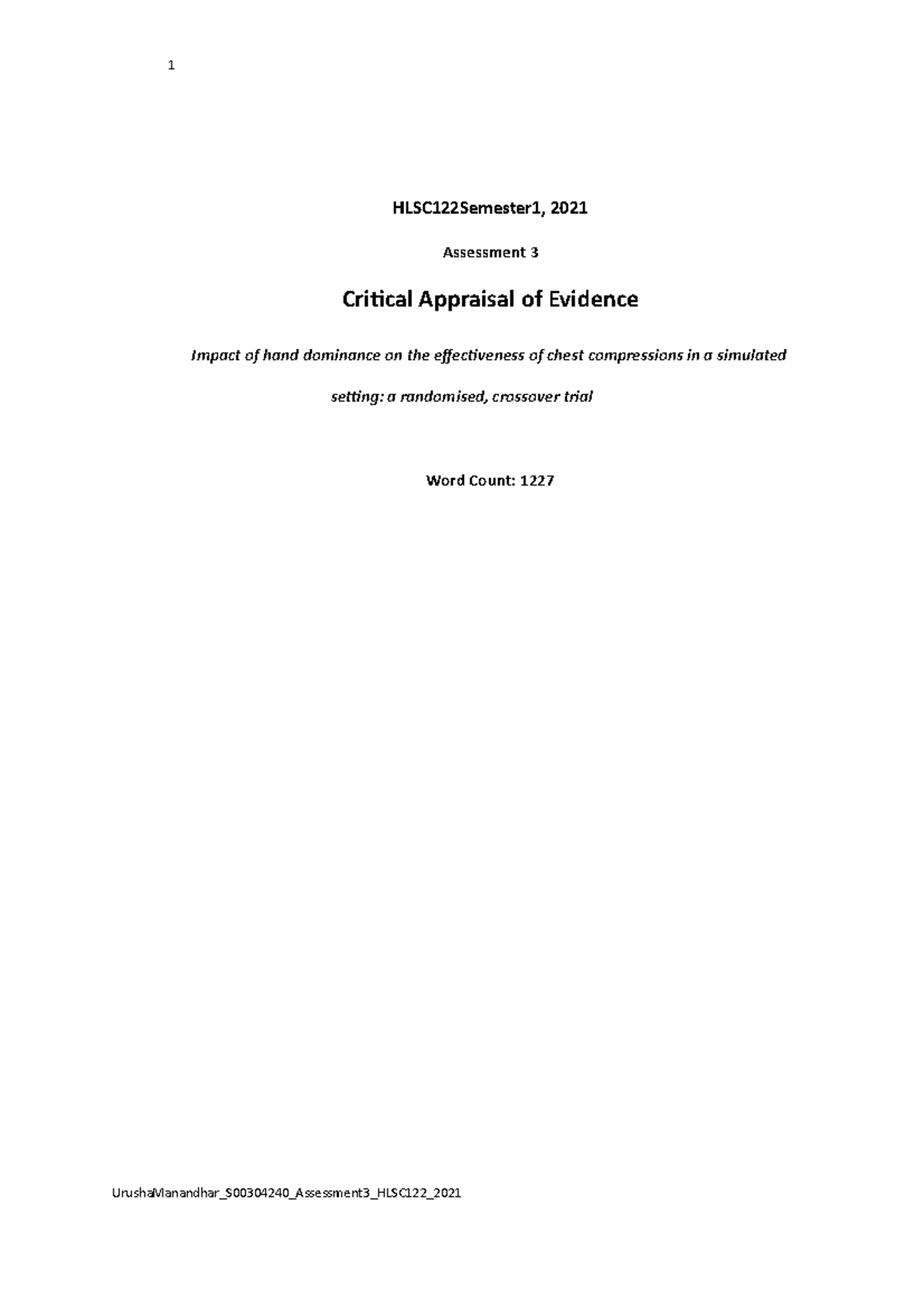 Critical Appraisal of Evidence based practice - HLSC122Semester1, 2021 ...