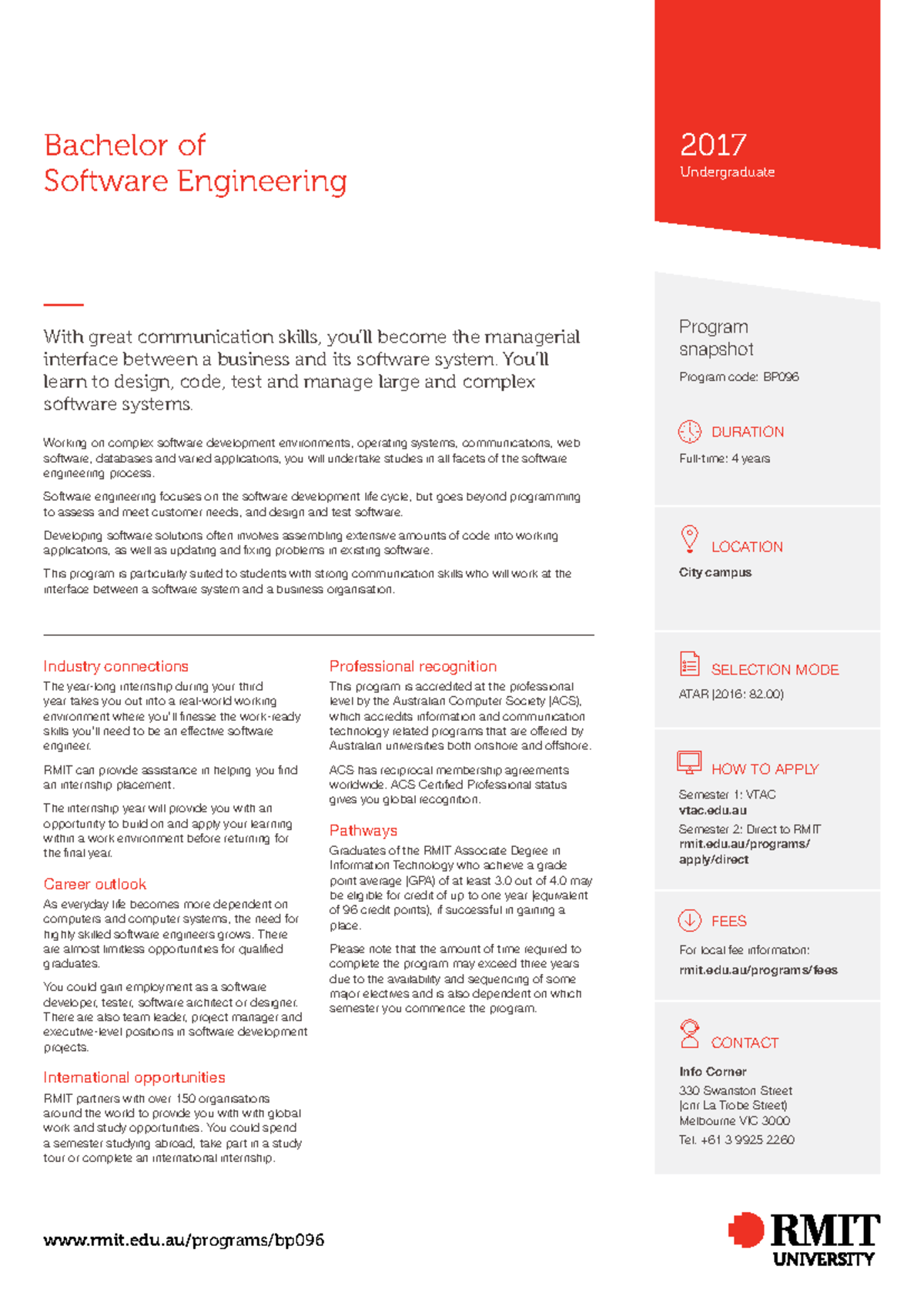 RMIT BP096 Bachelor of Software Engineering Course Outline 2017 - Studocu