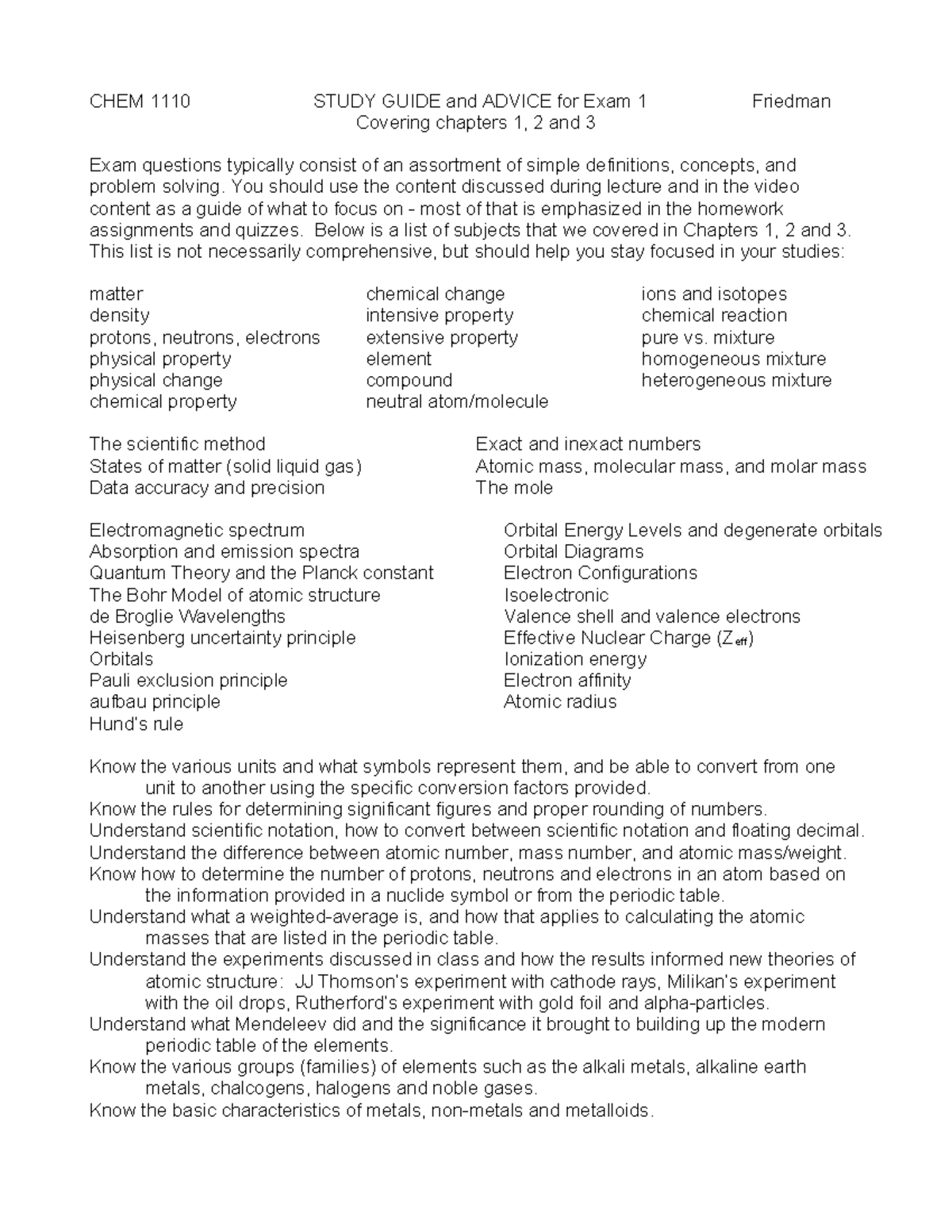 CHEM 1110 Study Guide for Exam 1: Quantum Theory & Atomic Structure ...