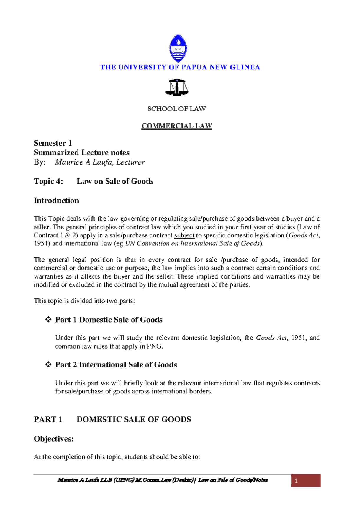 Commercial Law (LAW 101) Semester 1: Domestic Sale of Goods Lecture ...