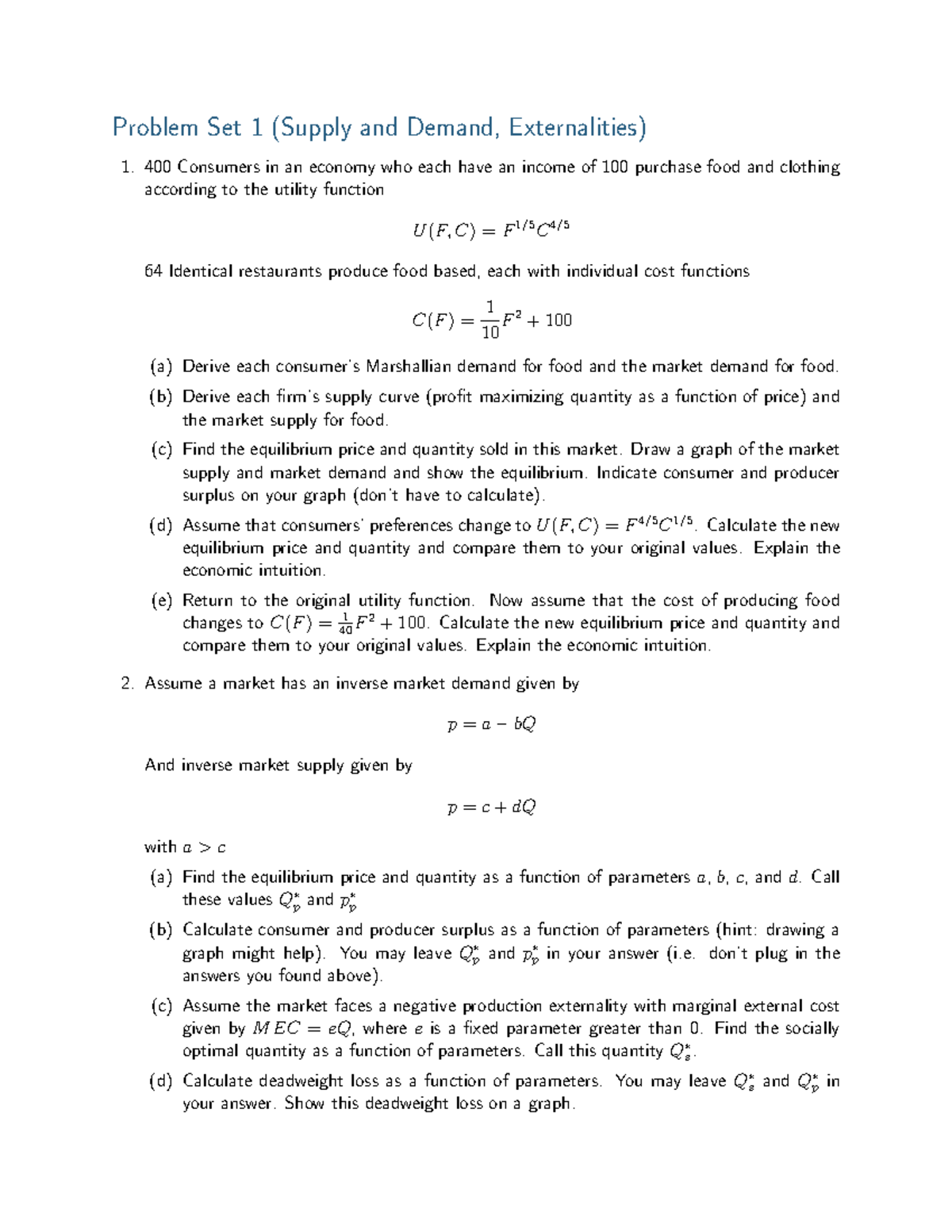 Problem Set 1: Supply & Demand, Externalities Analysis - Studocu