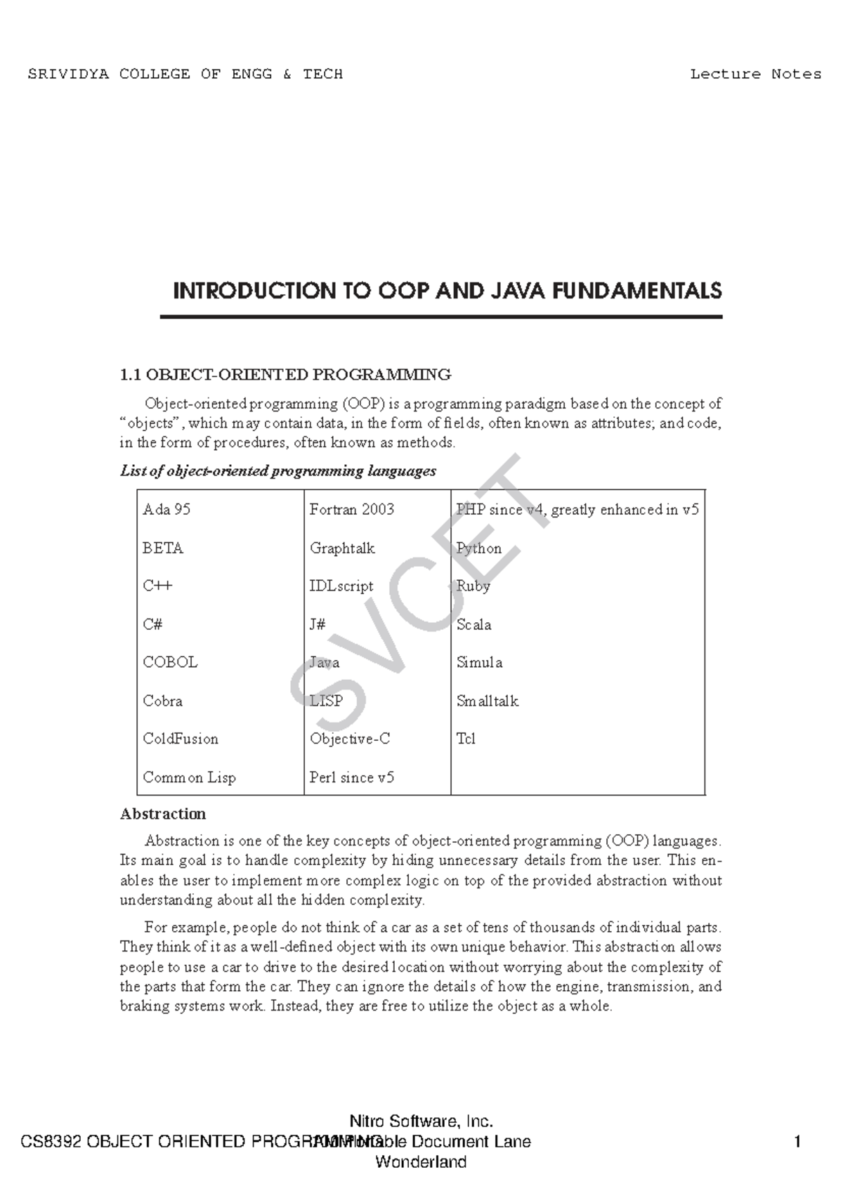 CS8392 Lecture Notes: Introduction to OOP and Java Fundamentals - Studocu