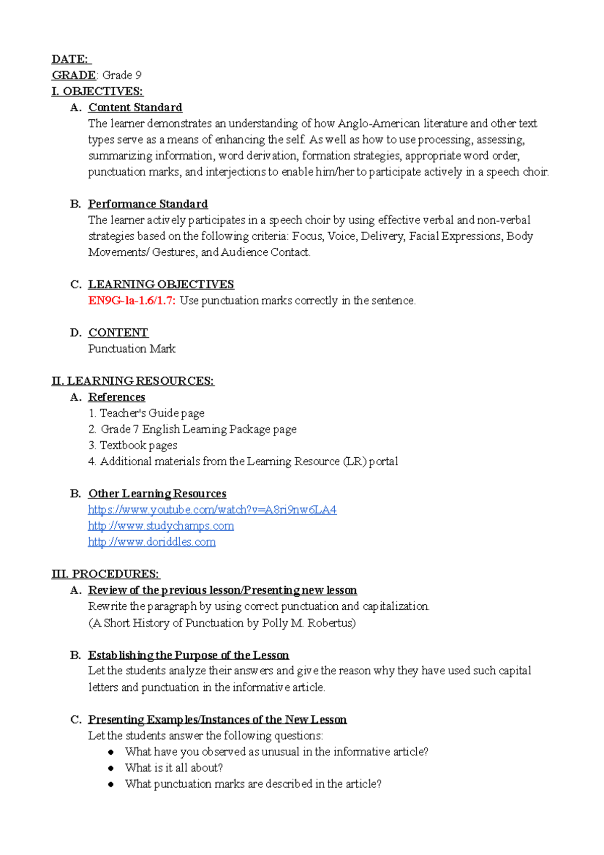Grade 9 Lesson Plan: Punctuation Marks Integration and Activities - Studocu