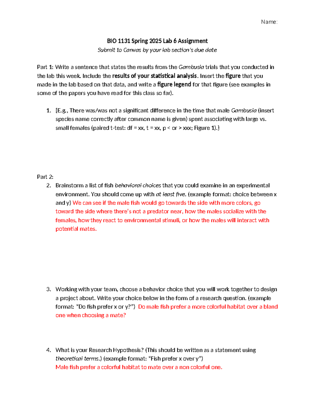 Copy of Lab 6 Fish Behavior - Name: BIO 1131 Spring 2025 Lab 6 ...