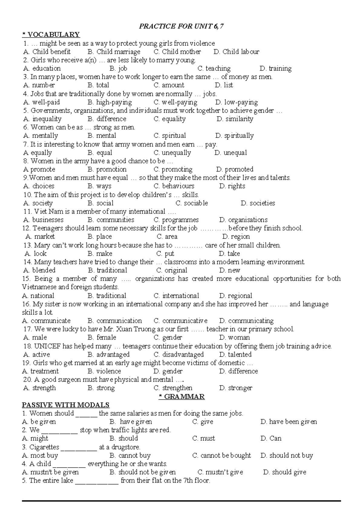 Practice for Unit 6,7 Vocabulary and Grammar Exercises - Studocu
