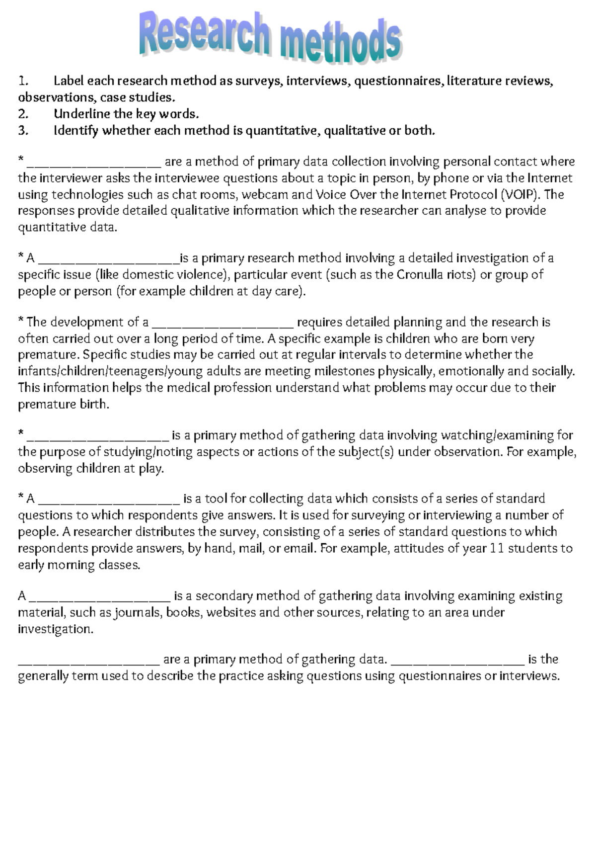 Research Methodologies Worksheets - Studocu