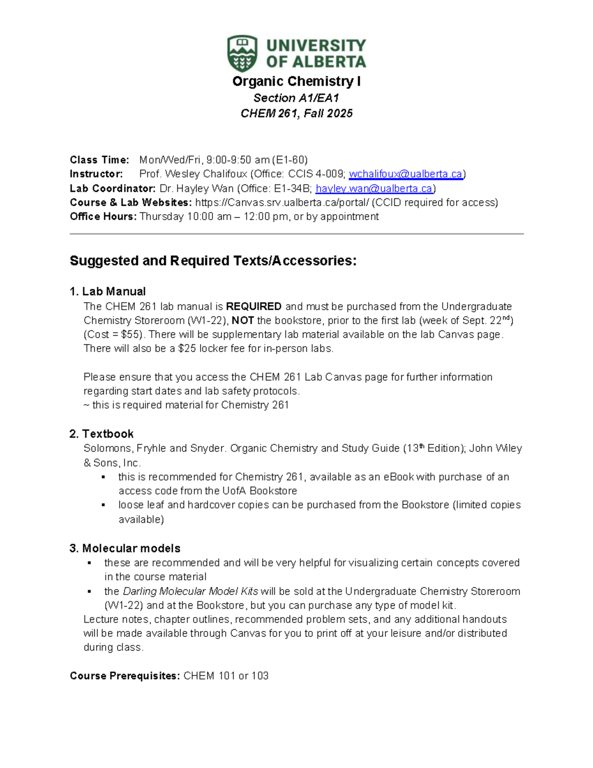 Organic Chemistry I Syllabus - CHEM 261, Fall 2025 - Studocu
