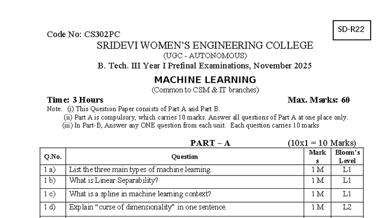 CS302PC Machine Learning Prefinal Exam Questions - Nov 2025 - Studocu