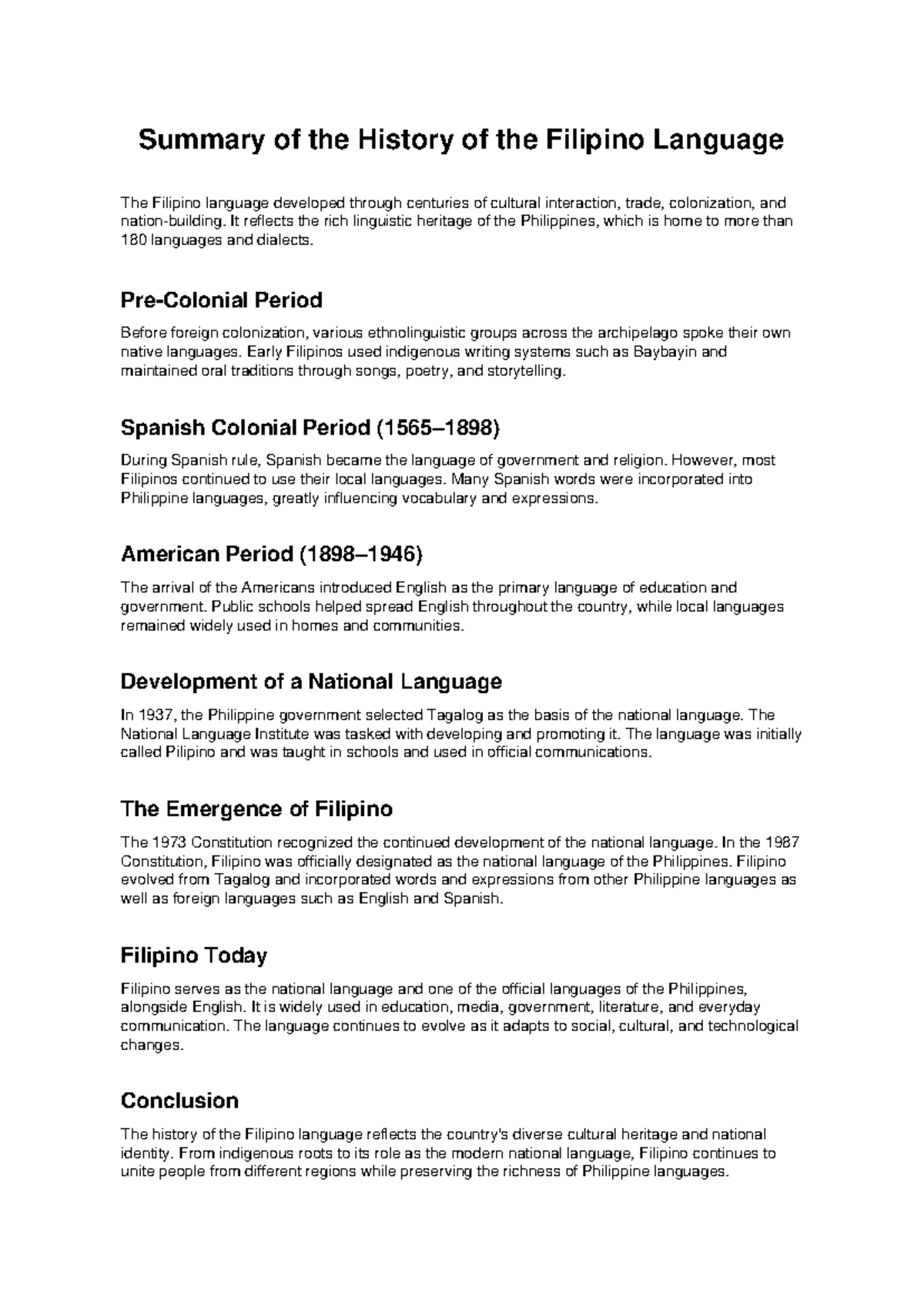 Summary of Filipino Language History (ENG 101) - Studocu