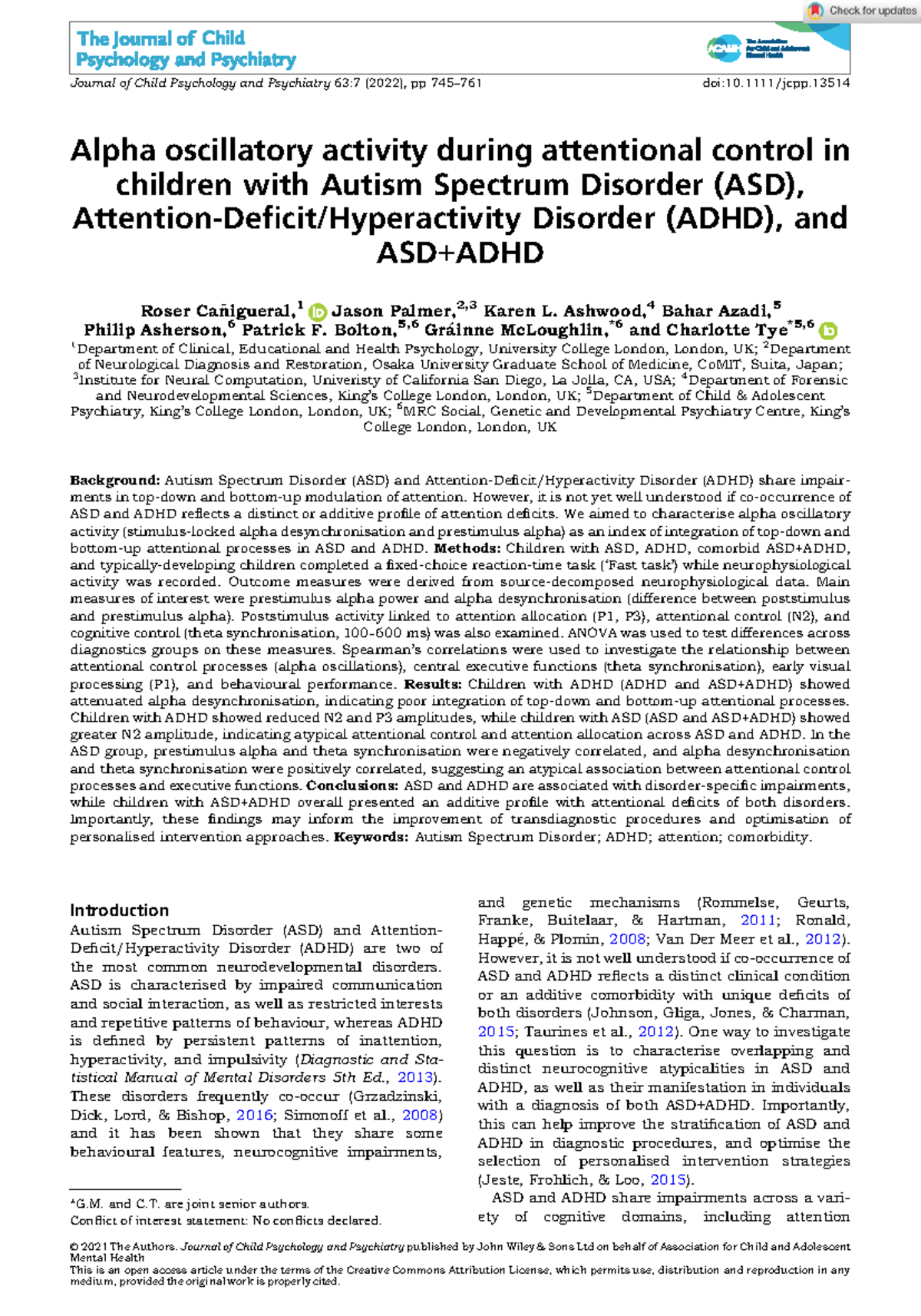 EEG Alpha Oscillatory Activity in Children with ASD and ADHD - Alpha ...