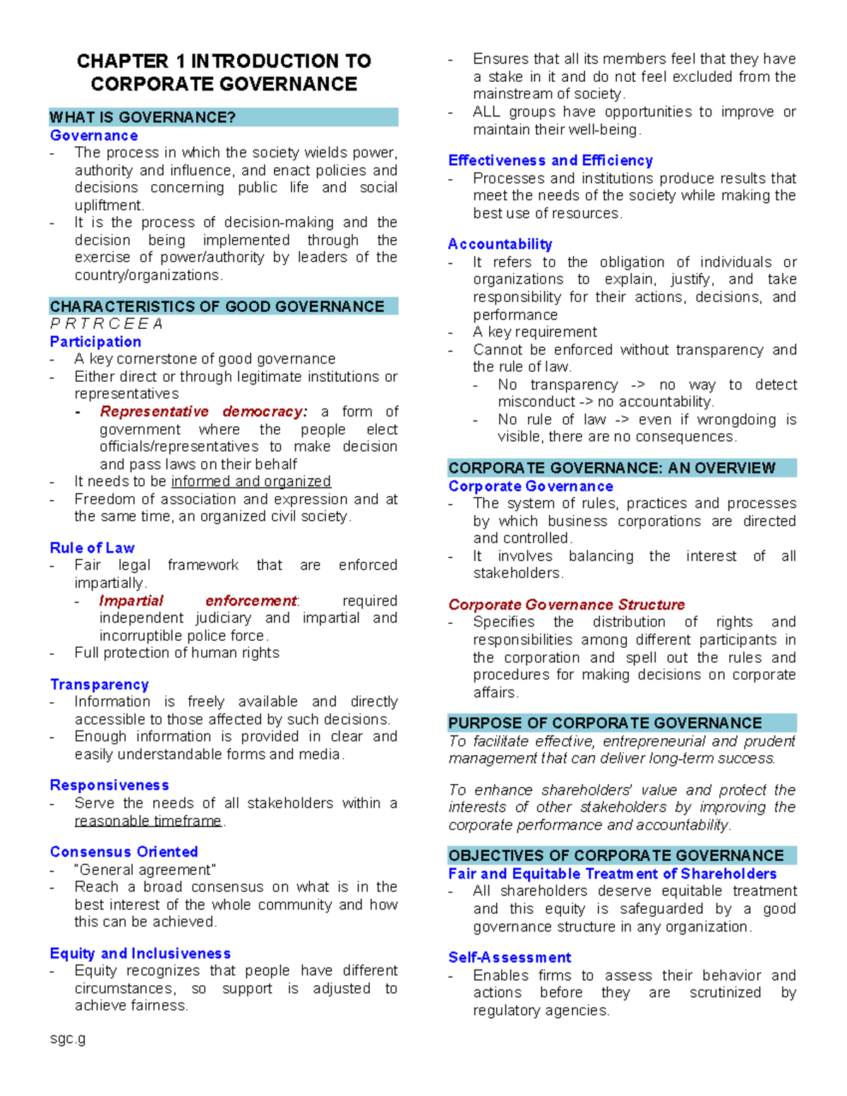 CHAPTER 1: INTRODUCTION TO CORPORATE GOVERNANCE SUMMARY - Studocu