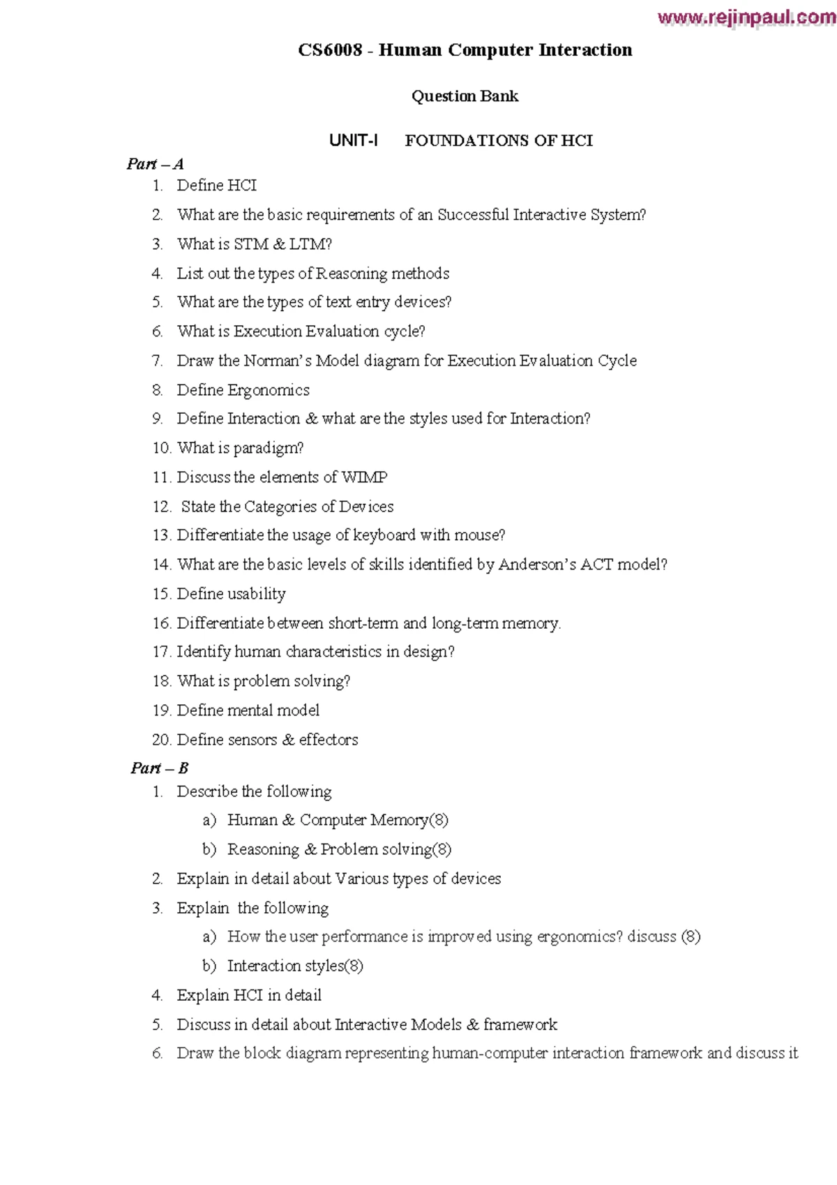 Question Bank for AI (AL3391) - II Year, Semester 1, Unit I - Studocu