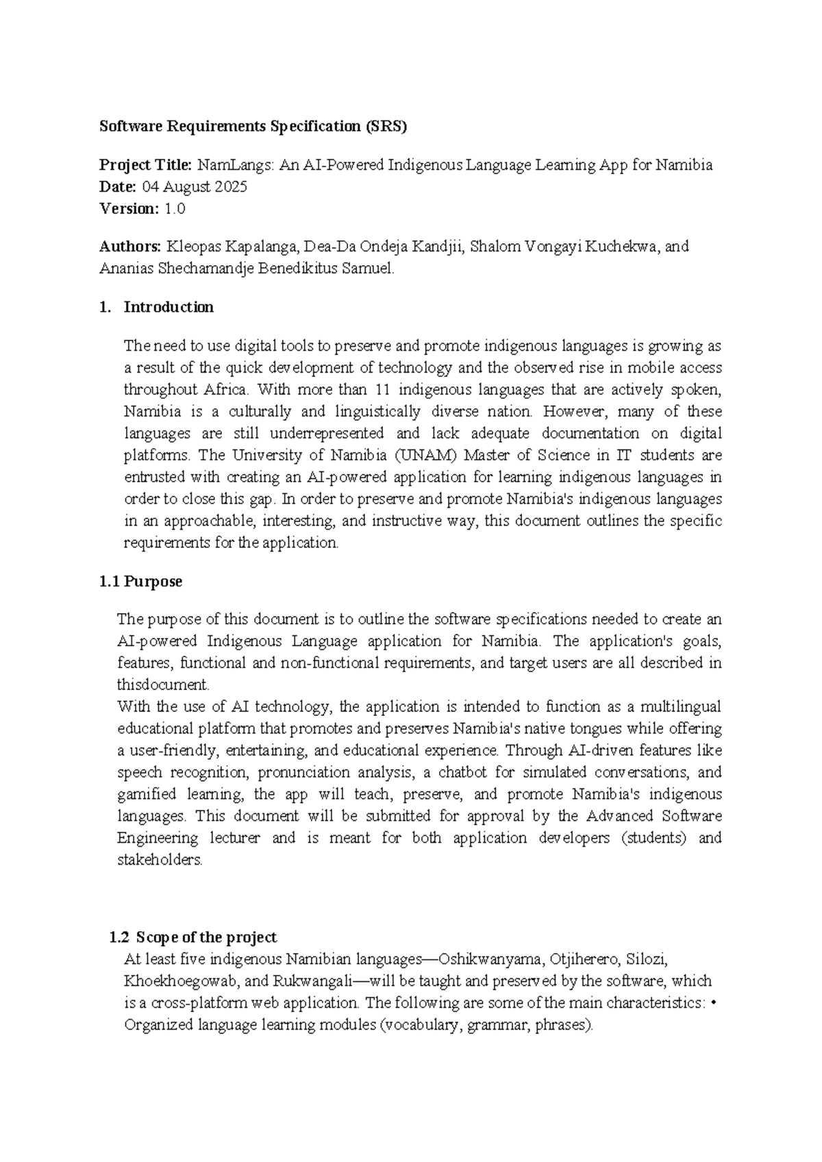 SRS for NamLangs: Indigenous Language Learning App (MSc IT) - Studocu