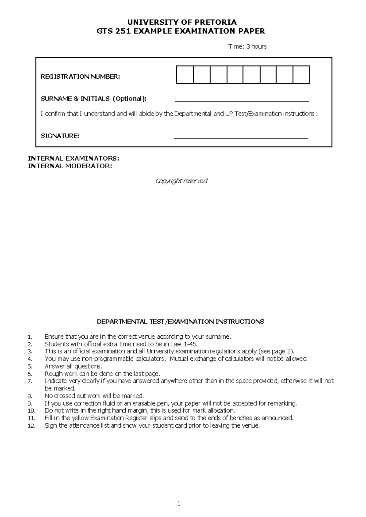 UNIVERSITY OF PRETORIA GTS 251 EXAMPLE EXAMINATION PAPER GUIDE - Studocu