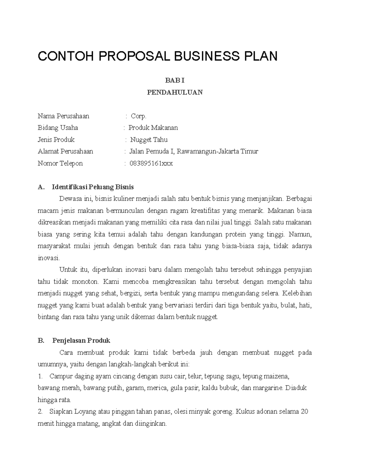Proposal Bisnis Plan: Nugget Tahu Sehat dan Inovatif - Studocu