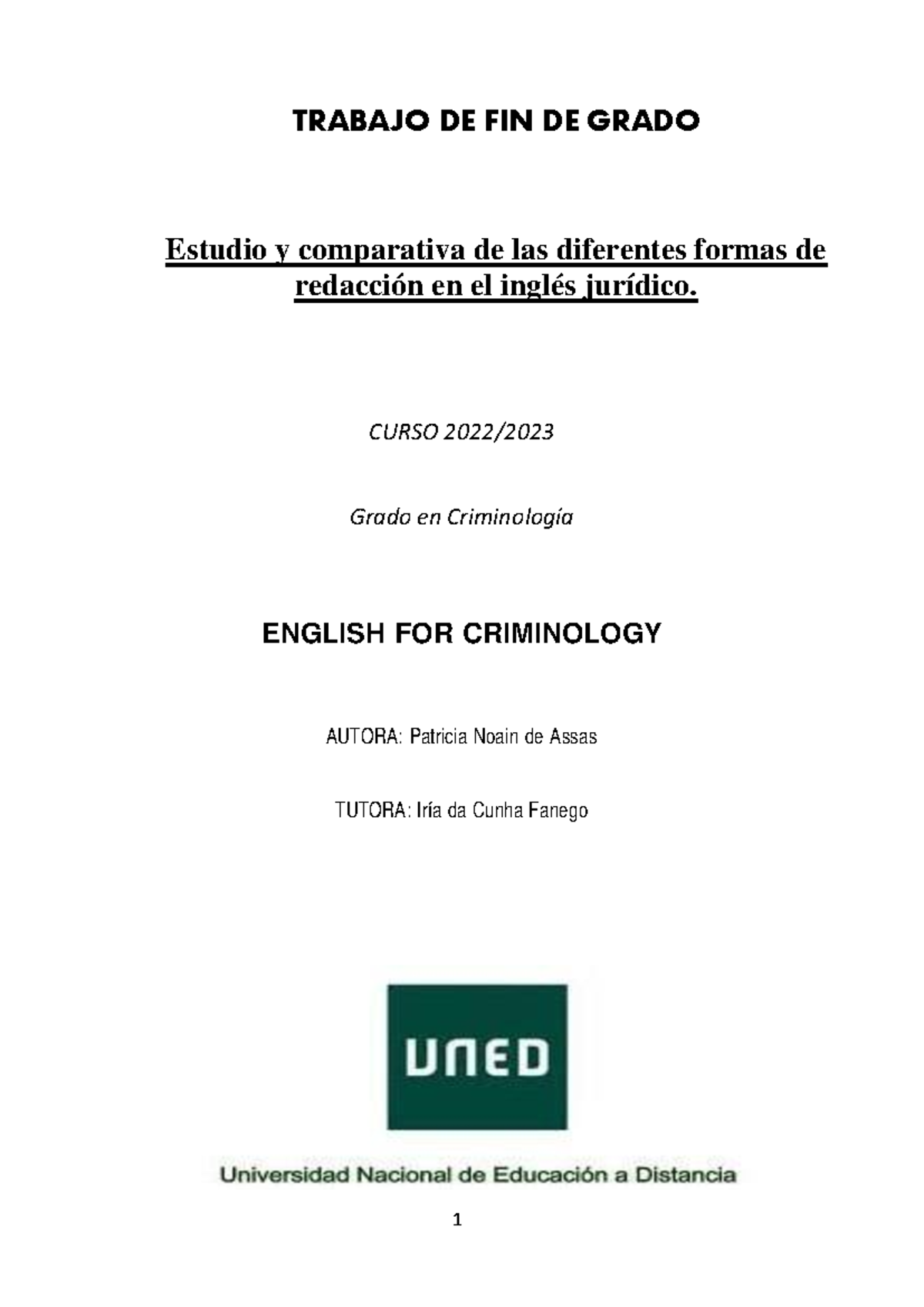 TFG Criminología: Análisis del Inglés Jurídico en Diferentes Textos - Document Preview