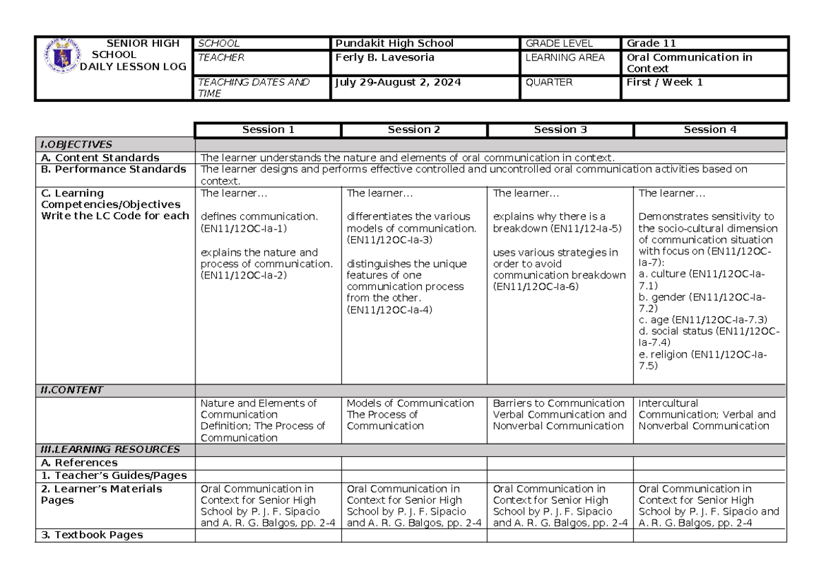 Oral Communication DLL First Sem week 1 - SENIOR HIGH SCHOOL DAILY ...