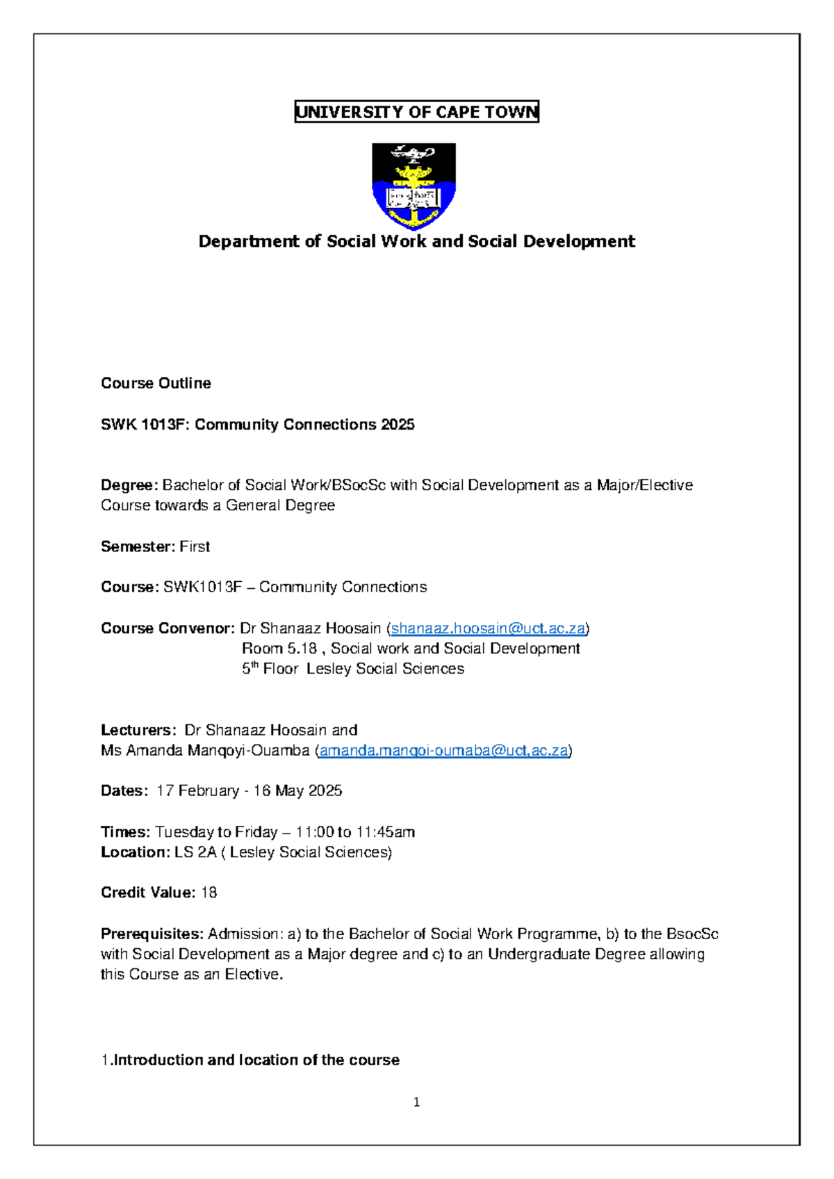 2025 SWK1013F Course Outline: Community Connections Objectives ...