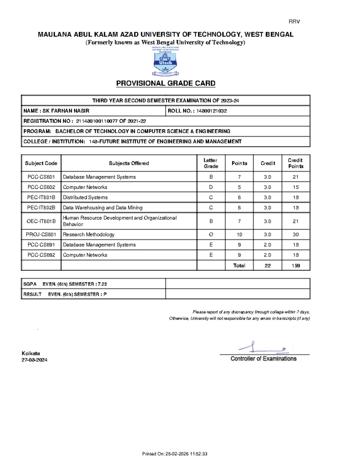 Provisional Grade Card for B.Tech CSE - 3rd Year 2nd Sem - Studocu