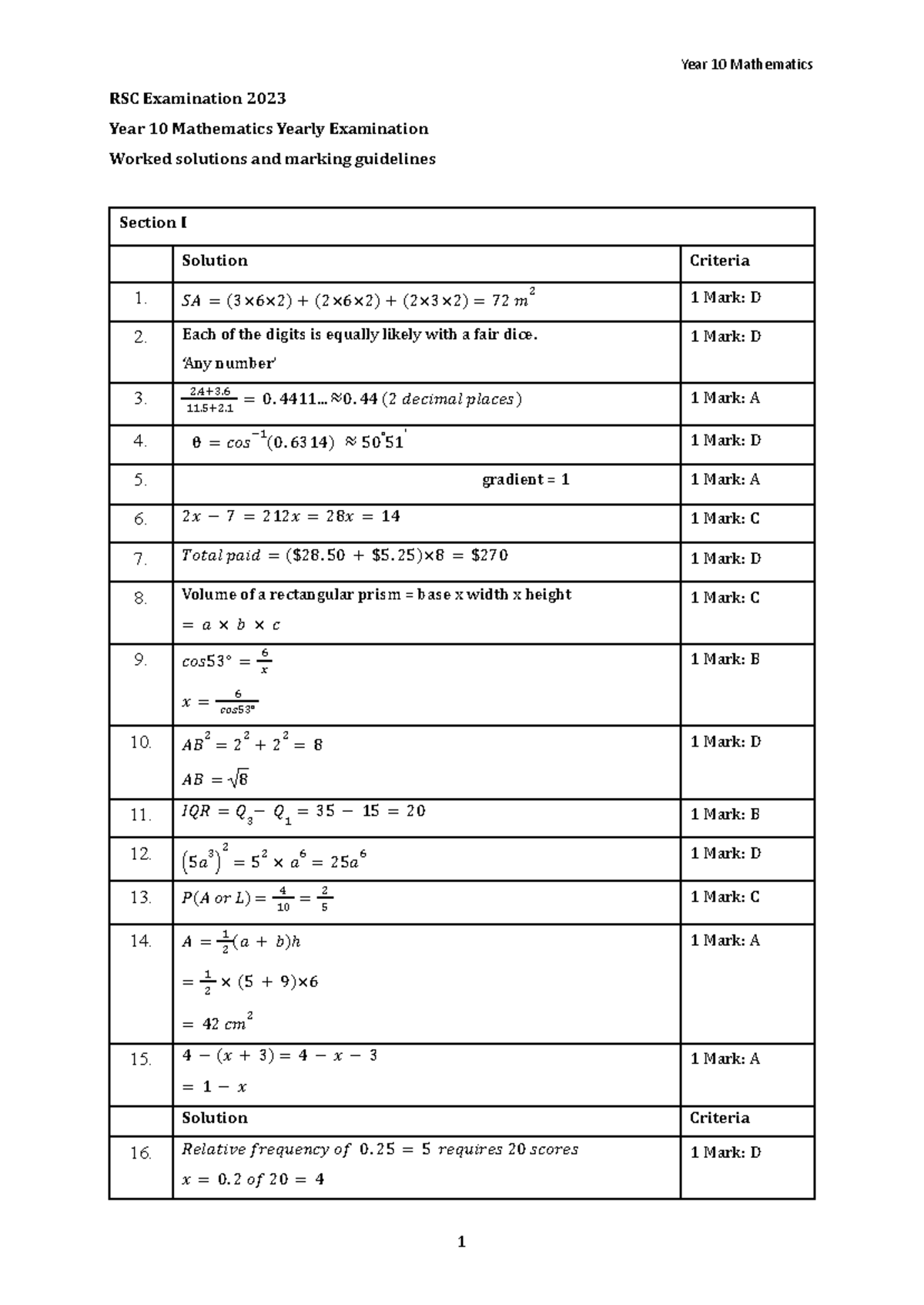 Year 10 Mathematics RSC Exam 2023 Worked Solutions & Marking Guide ...