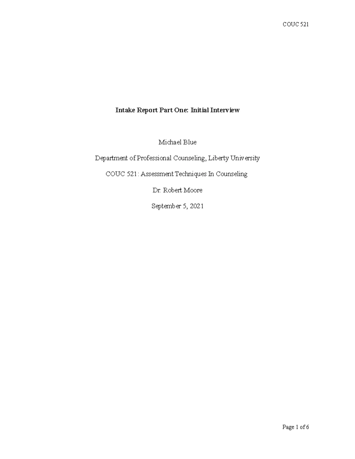 Benchmark Intake Report Part One Initial Interview Assignment Template ...