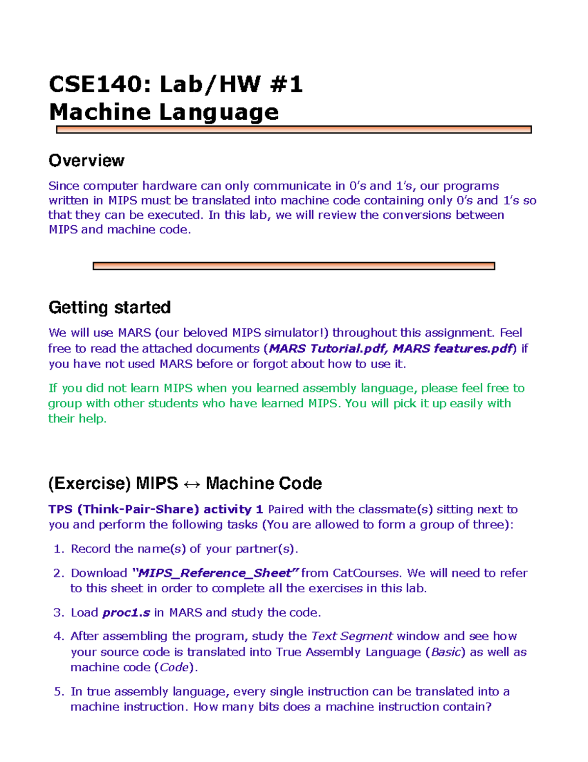 CSE140 HW1 - Professor Leung - CSE140: Lab/HW Machine Language Overview ...