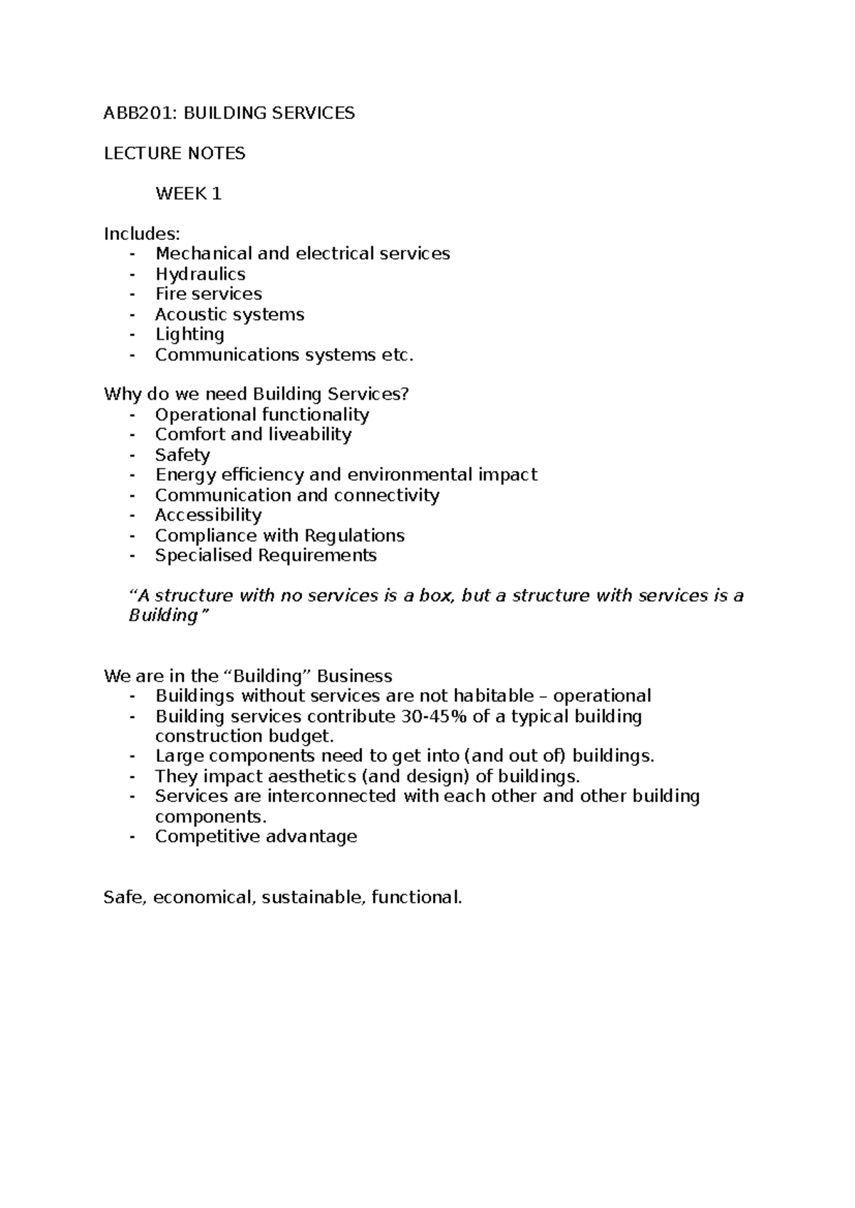 ABB201: Building Services Lecture Notes - Week 1 & 2 Overview - Studocu