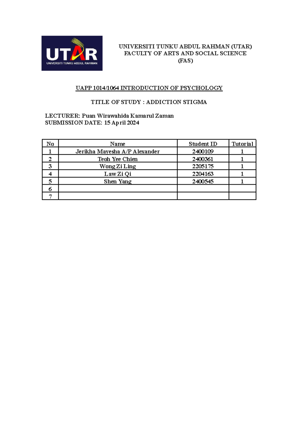 UAPP1014 1064 Full Report - UNIVERSITI TUNKU ABDUL RAHMAN (UTAR ...