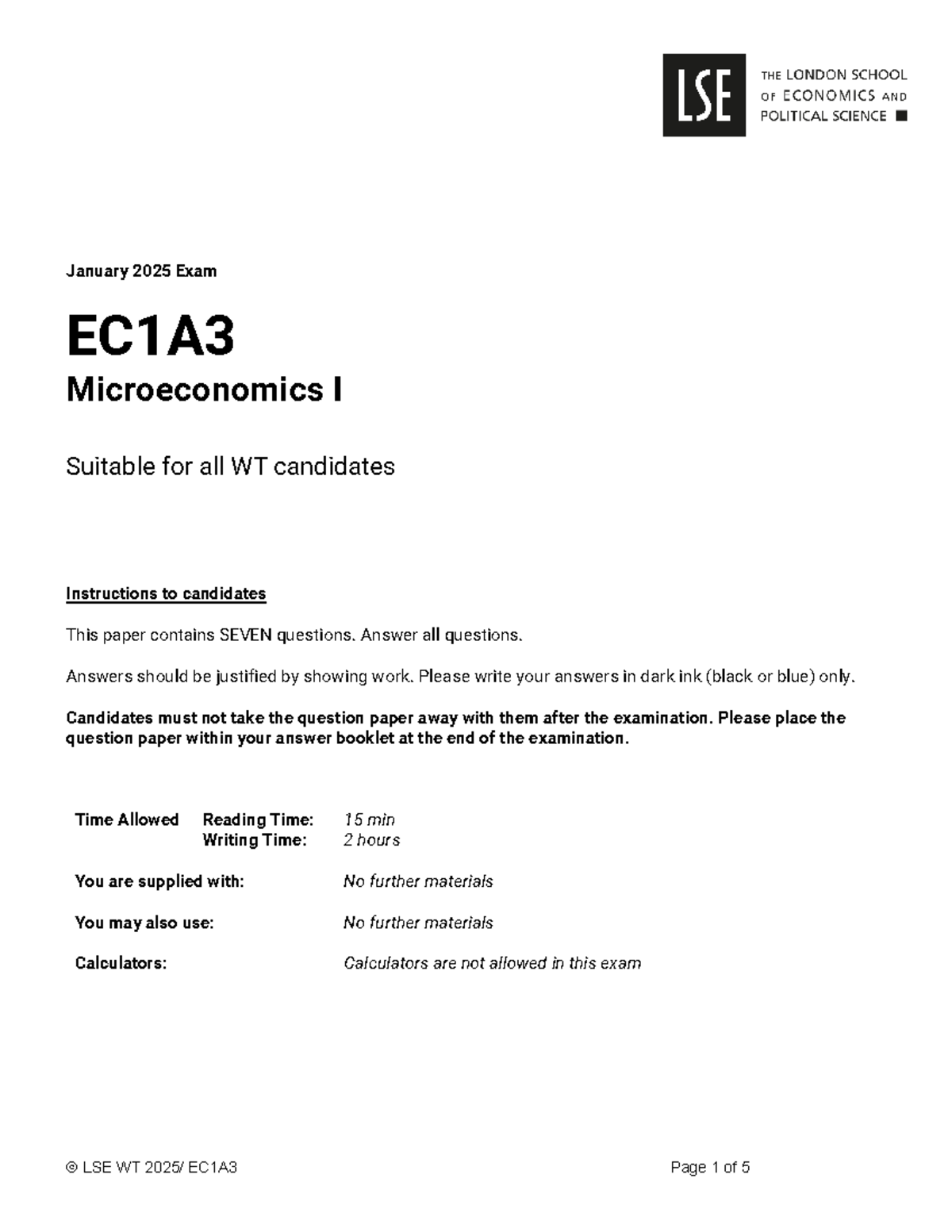 January 2025 Final Exam EC1A3 Microeconomics I for WT Candidates - Studocu