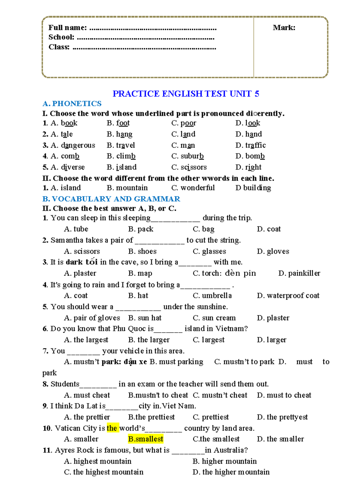 Anh 6 Global Practice Test - Unit 5 - Studocu