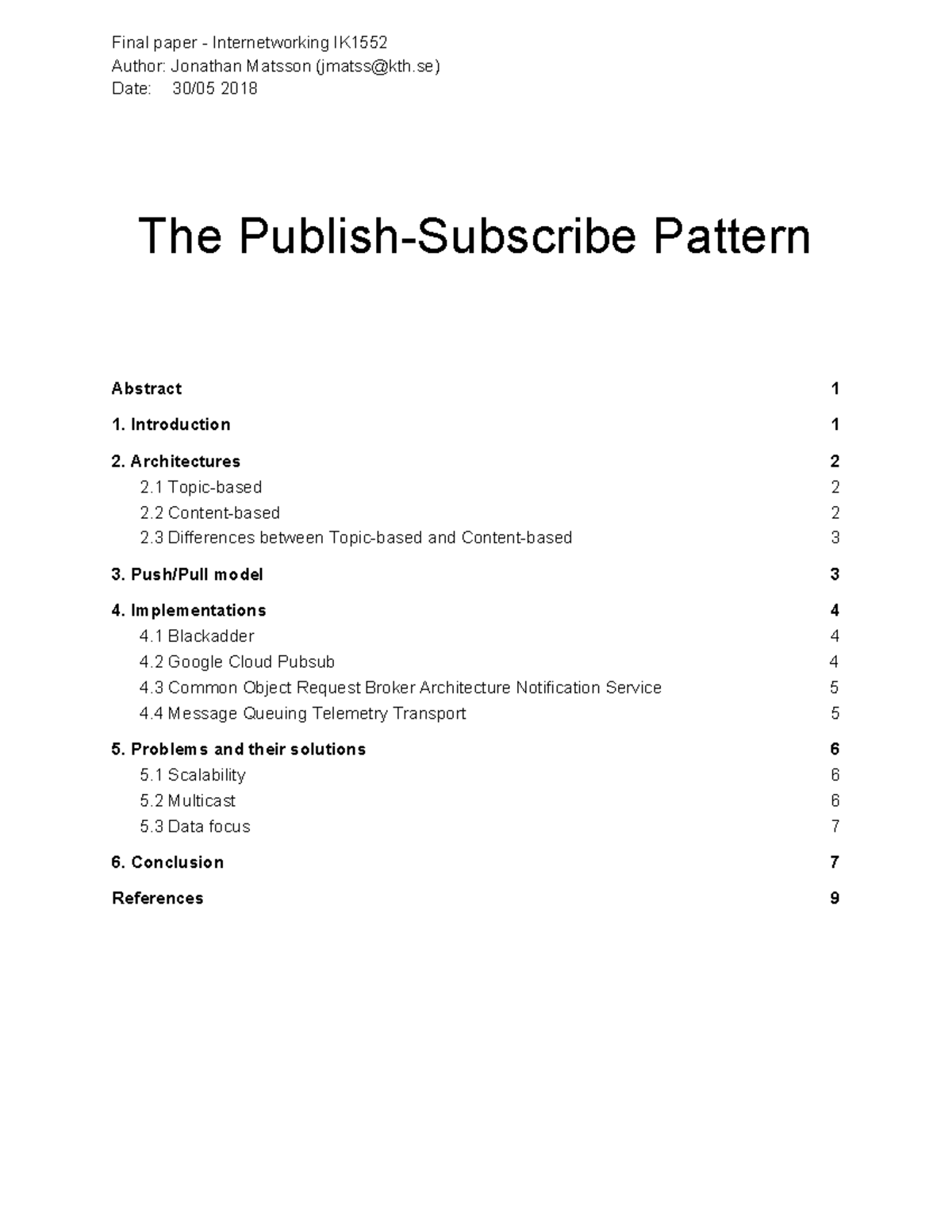 Final Paper on Publish-Subscribe Pattern in Internetworking IK1552 ...